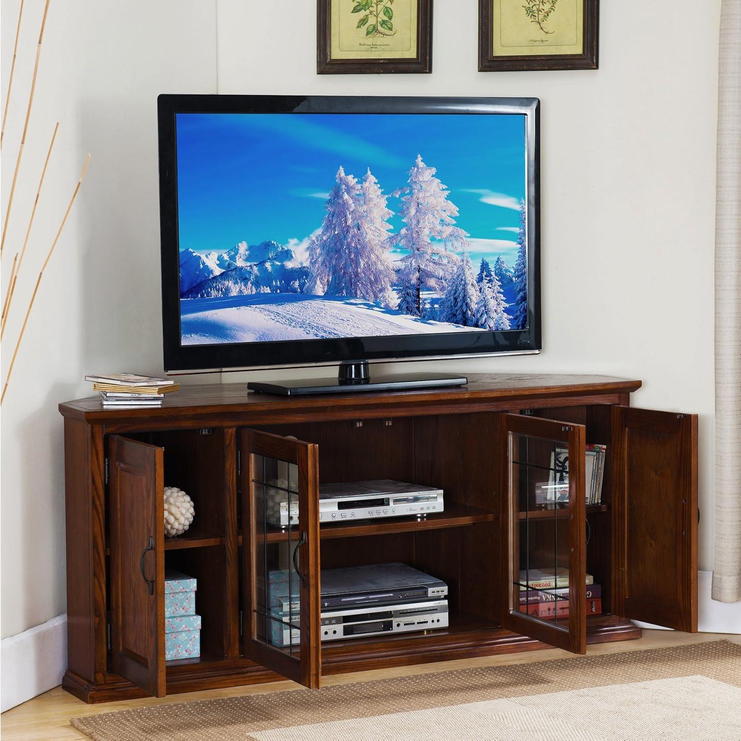 Leick Home 80386 Leaded Glass Corner TV Stand with Enclosed Storage For 60" TV's, Burnished Oak