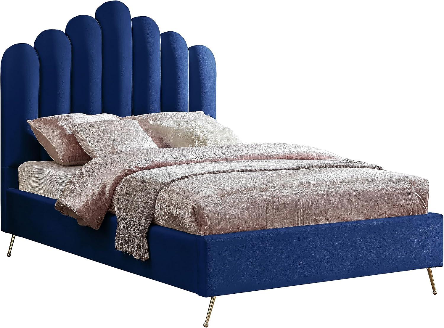 Meridian Furniture Lily Solid Wood and Tufted Velvet Full Bed in Navy