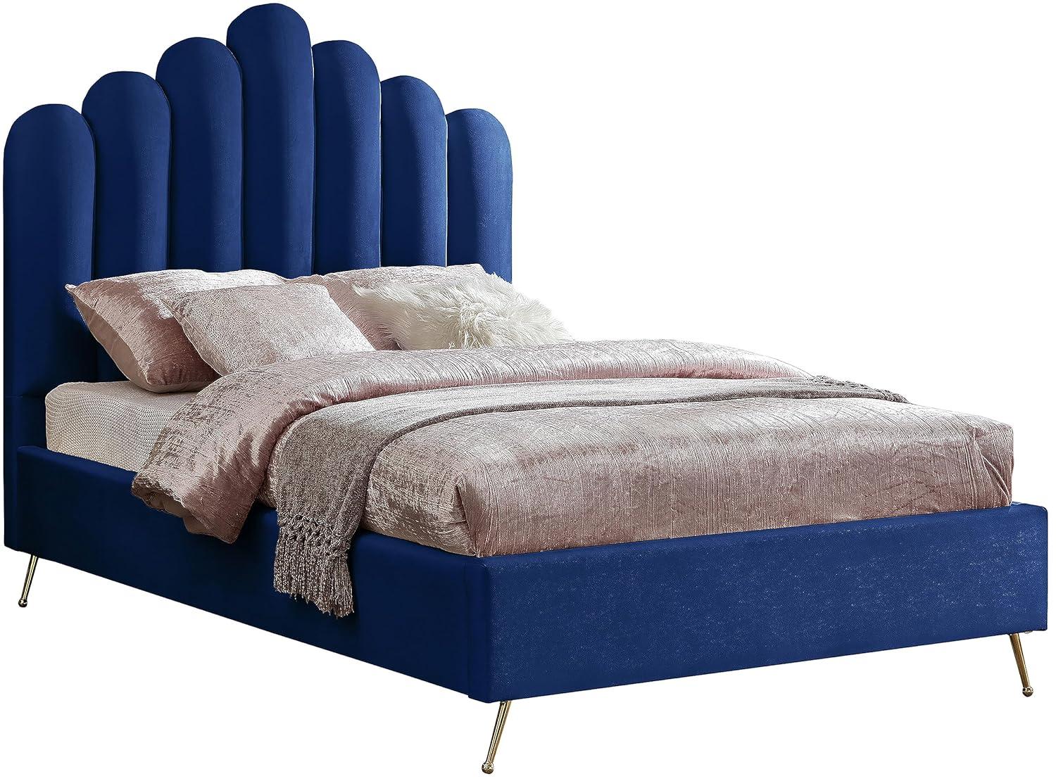 Meridian Furniture Lily Solid Wood and Tufted Velvet Full Bed in Navy
