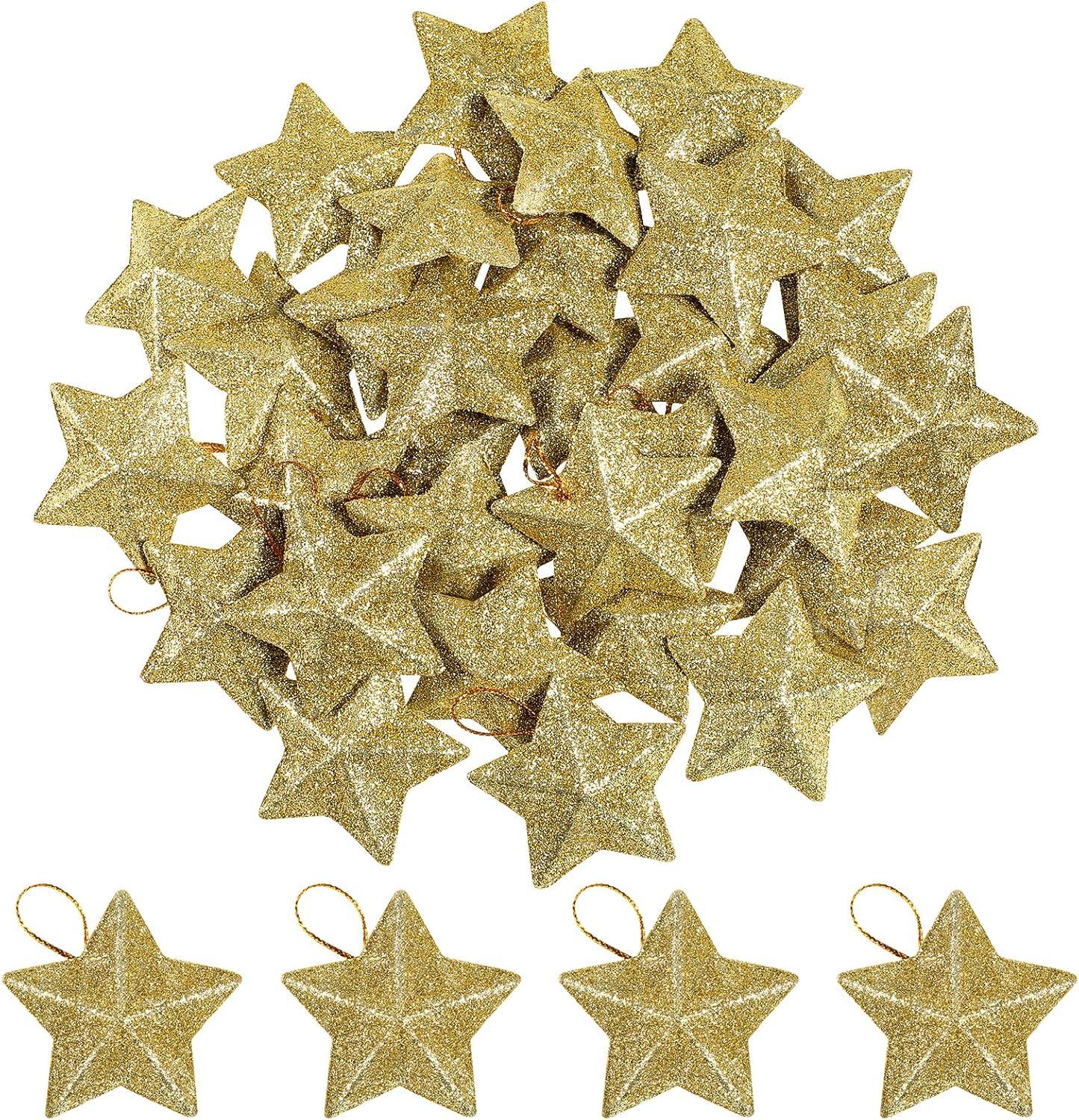 30Pcs Mini Gold Glitter Star Pendant Christmas Tree Hanging Decorations Xmas Star Pendant Tree Ornament Decoration for Christmas