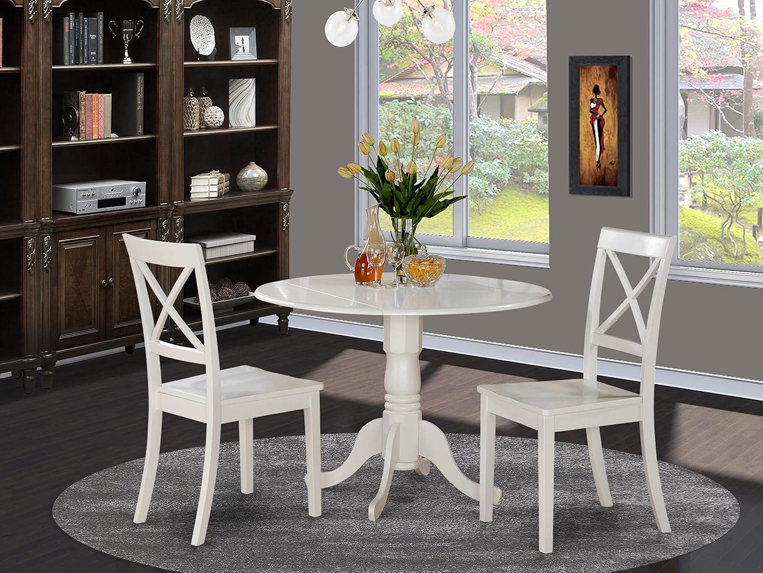 Linen White Round Wood Drop Leaf Table with 2 Chairs