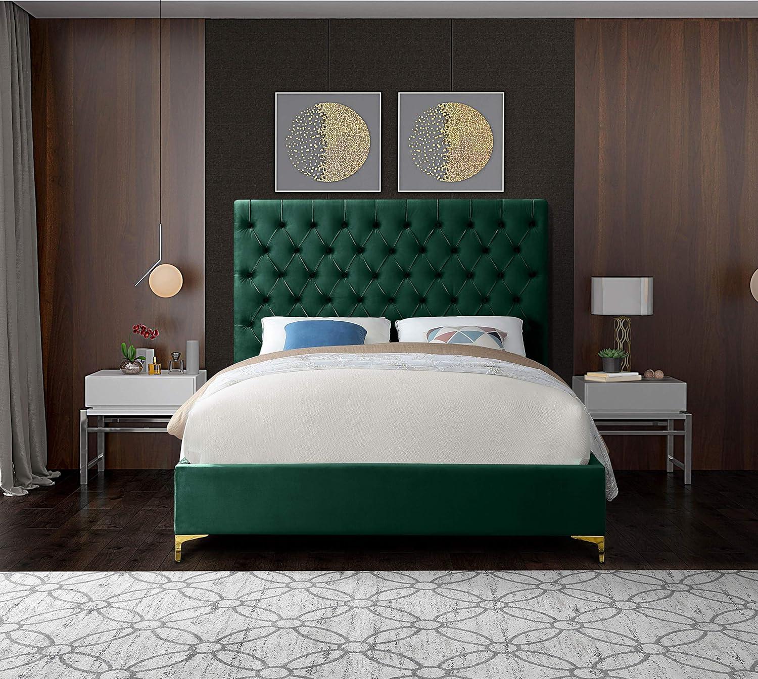 Meridian Furniture Cruz Solid Wood Tufted Velvet King Bed in Green