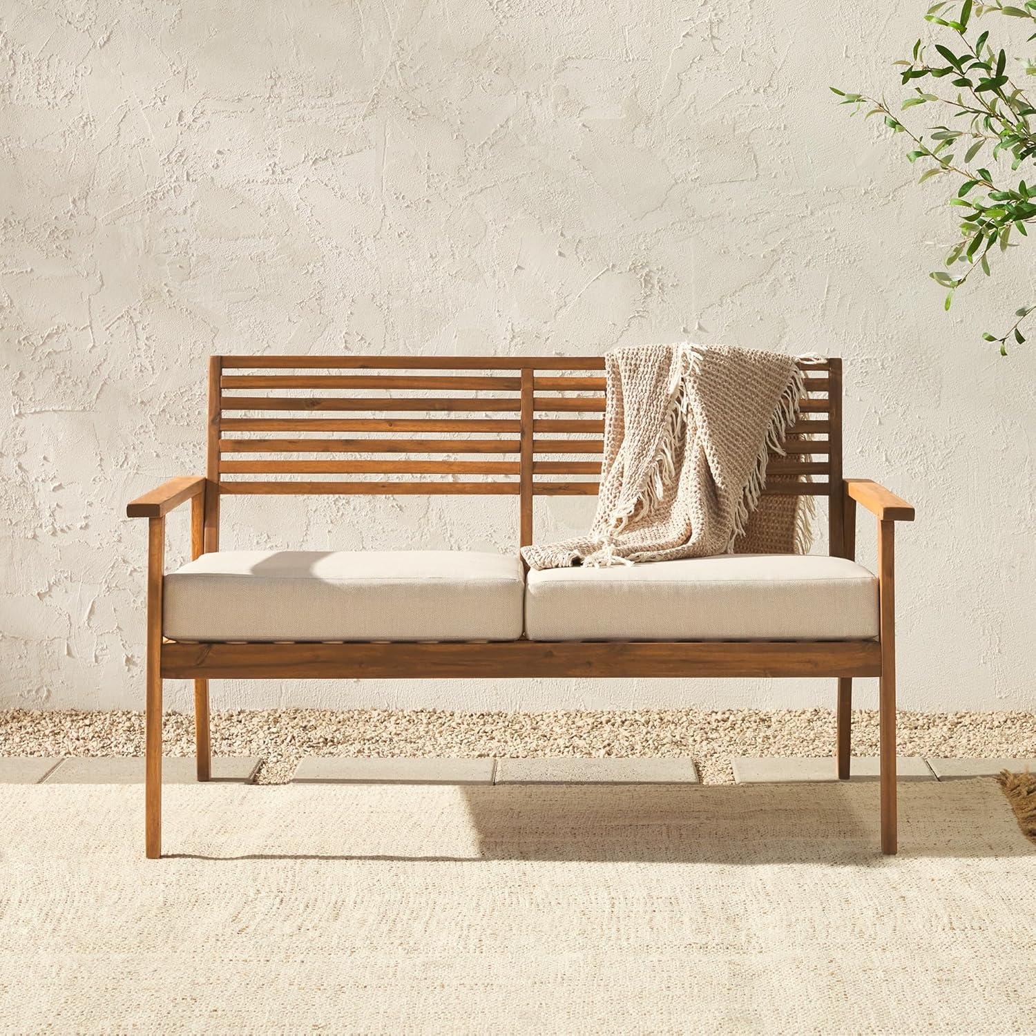 Modern Brown Solid Acacia Wood Outdoor Loveseat with Cushions