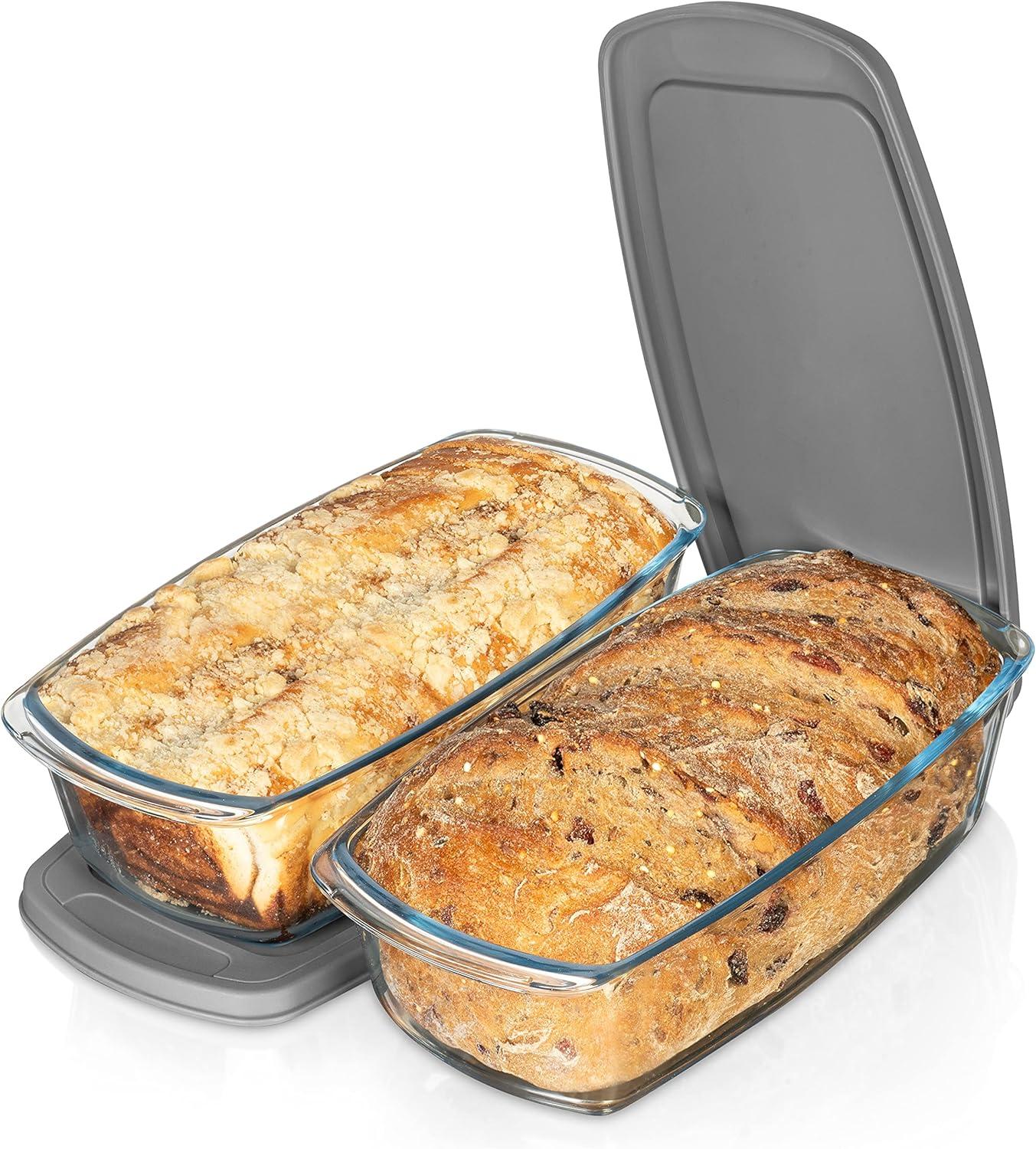 Razab LARGE 7.6 Cups/1800 ML/1.9 Qt Glass Loaf Pan with Lids (Set of 2) - Meatloaf Pan BPA free Airtight Lids Grip Handle Easy Carry, Microwave and Oven Safe - Loaf Pans For Baking Bread, Cakes