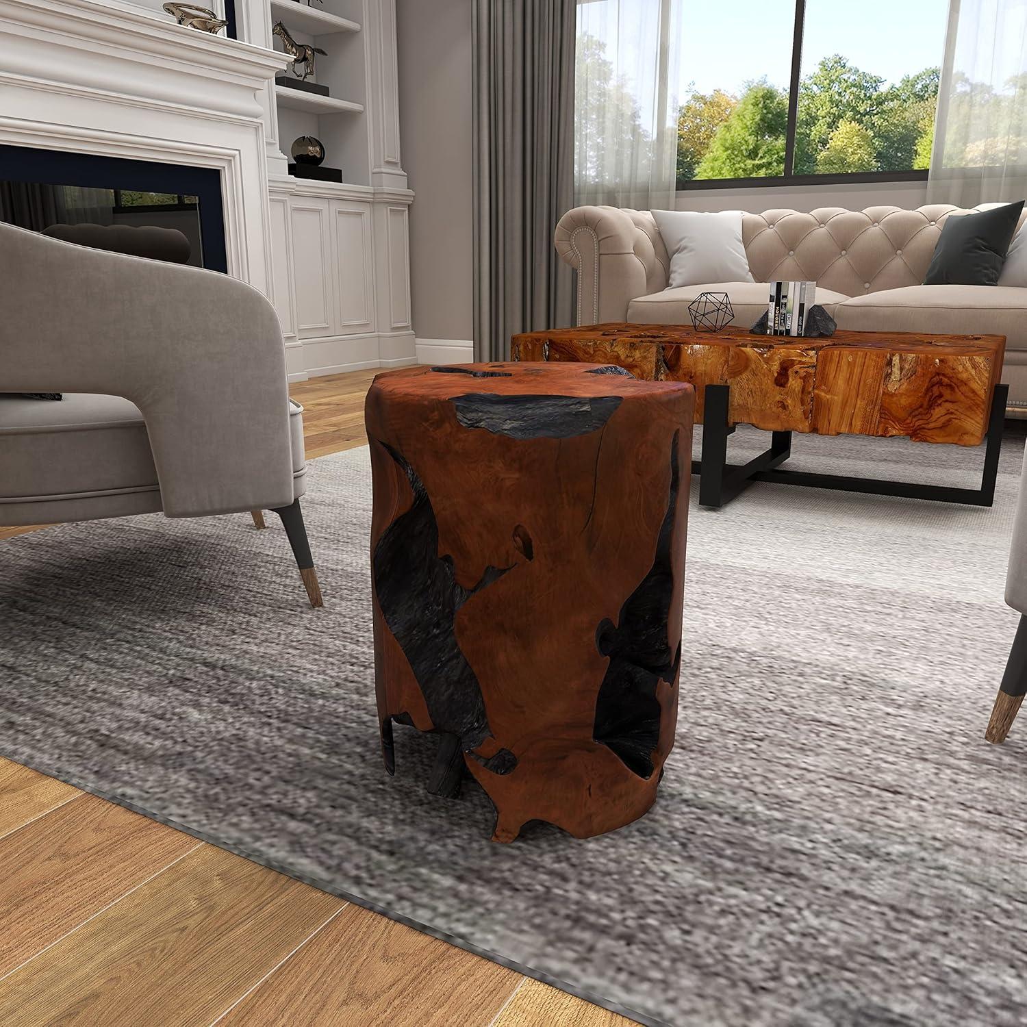 DecMode 14" x 18" Brown Teak Wood Handmade Live Edge Stump Accent Table with Charred Detailing, 1-Piece