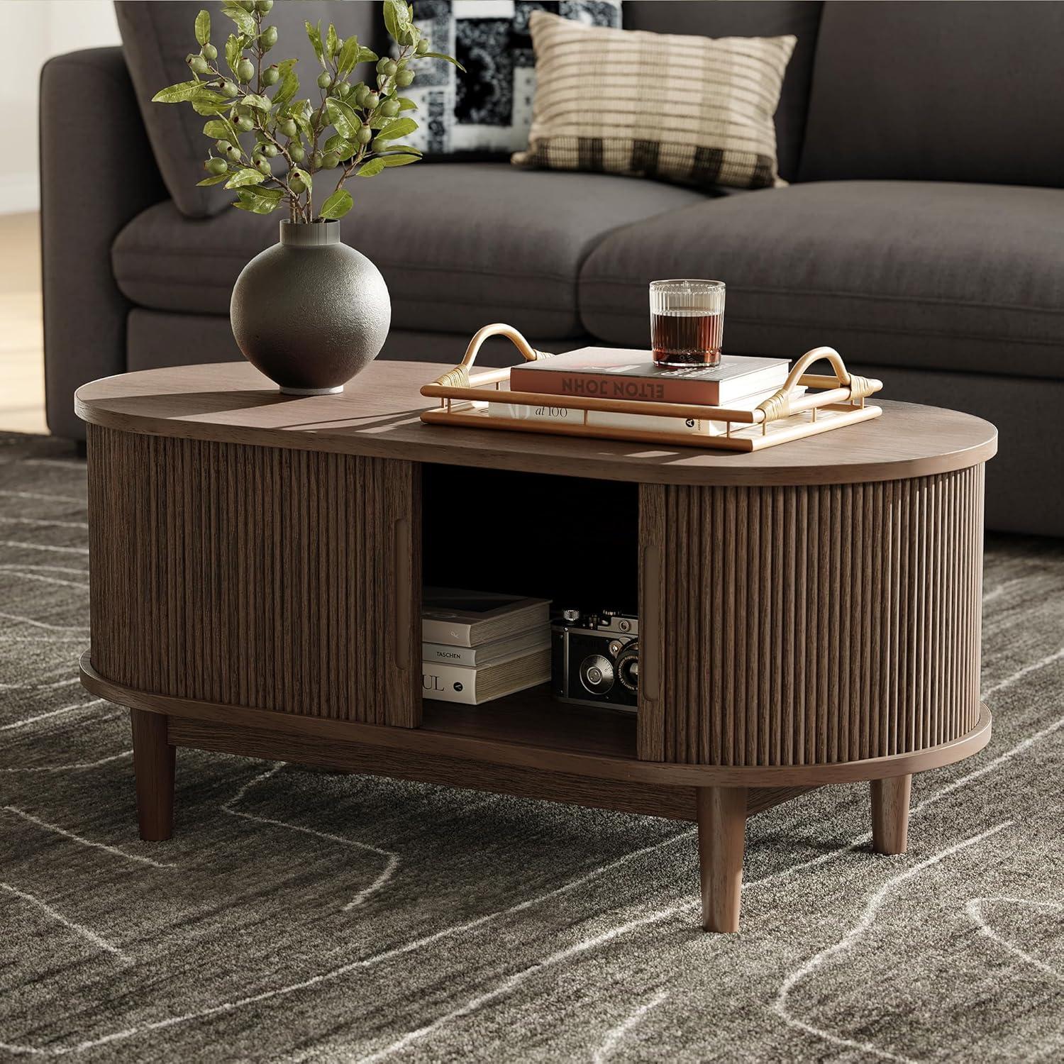 LINSY HOME Fluted Coffee Table with Storage, Mid-Century Coffee Table for Living Room with Sliding Tambour Door, Walnut