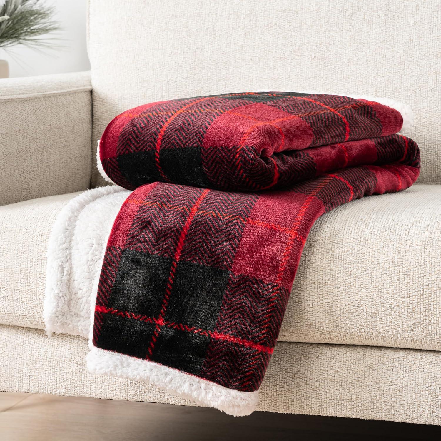 PAVILIA Fleece Plush Microfiber Throw Blanket for Couch, Sofa and Bed, Reversible, Plaid Red/Twin - 60x80