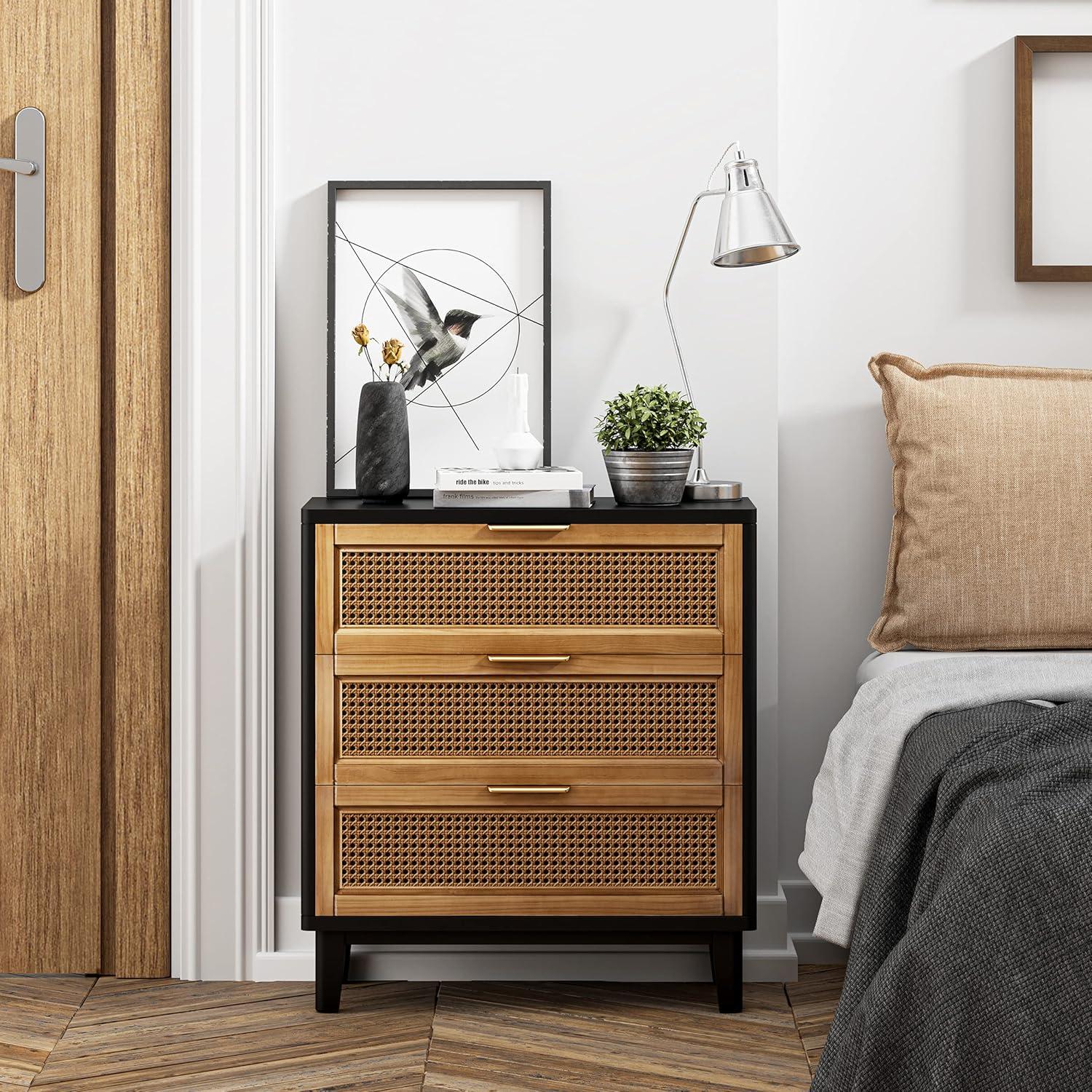 Black and Natural Cane 3-Drawer Nightstand with Brass Pulls