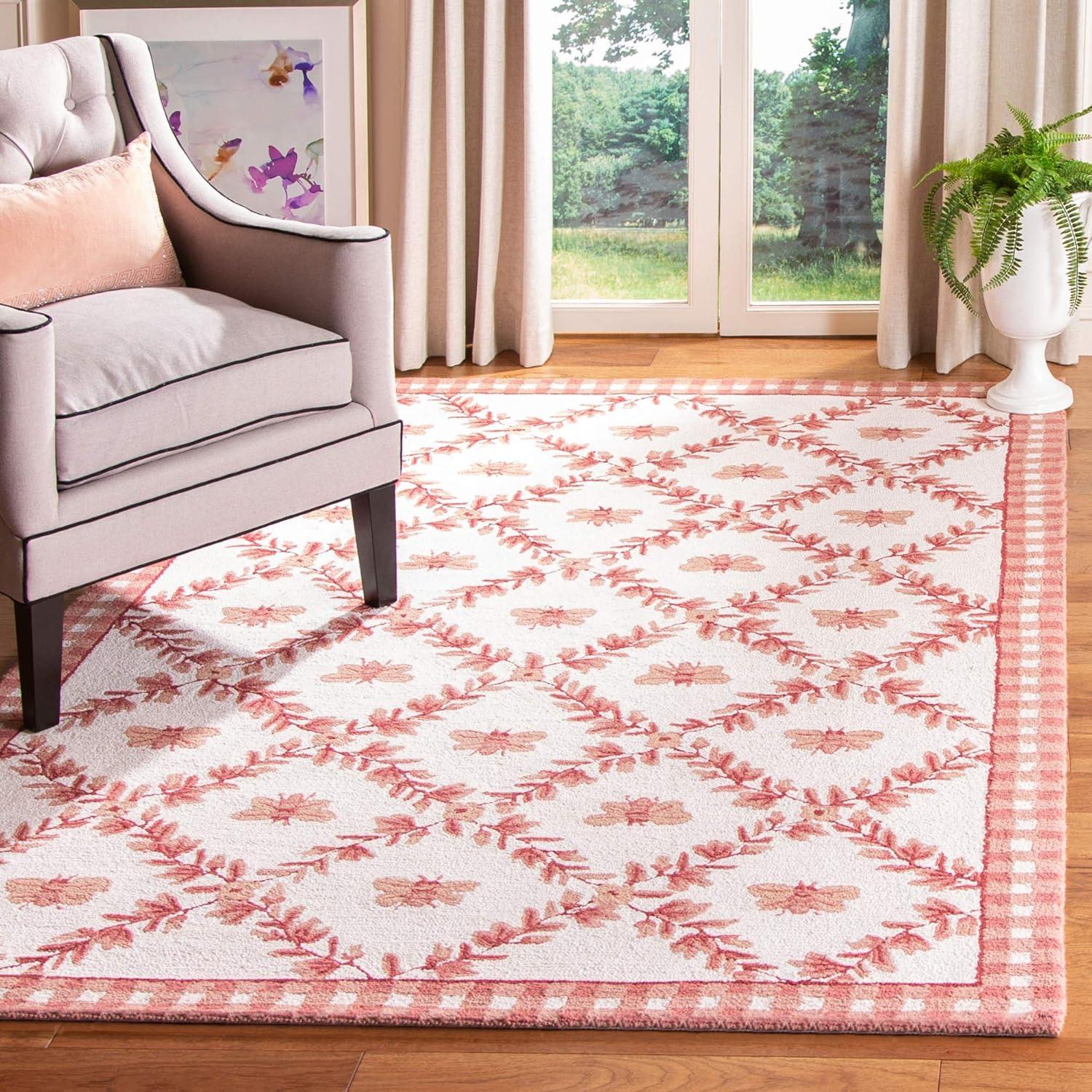 Ivory and Rose Hand-Knotted Wool Floral Area Rug