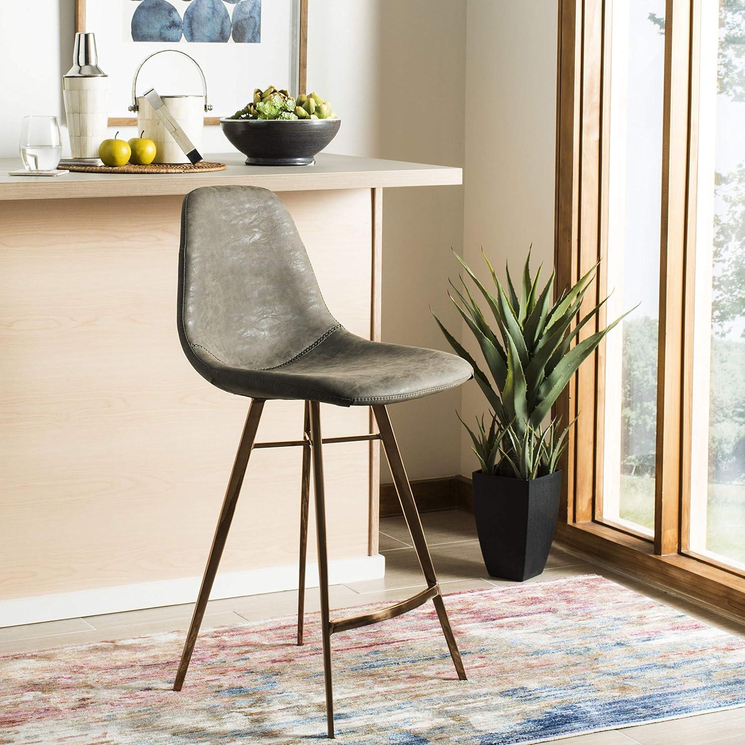 Transitional Taupe Faux Leather Counter Stool with Copper Finish