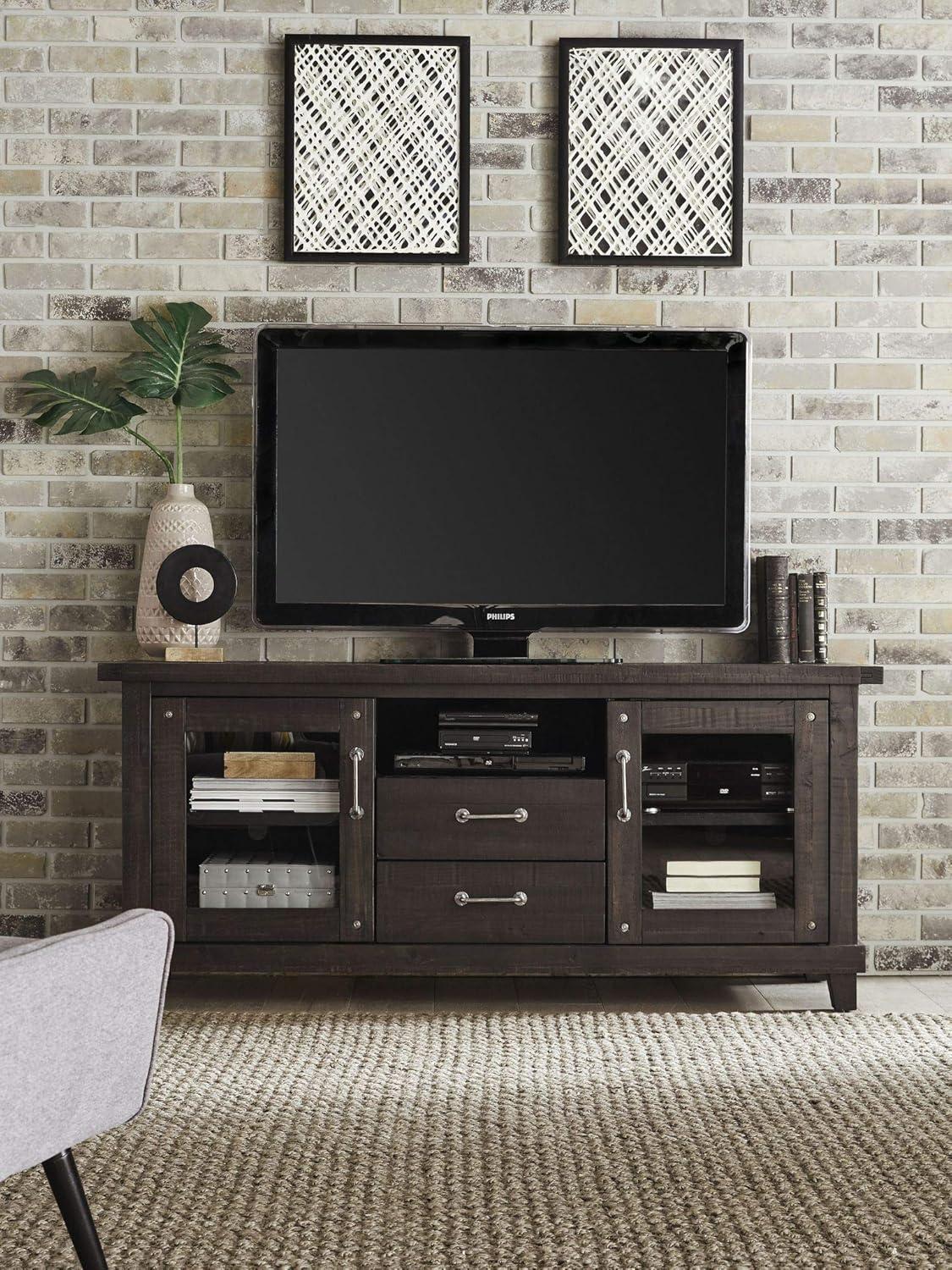 Rustic Black Solid Wood Media Console with Cabinet