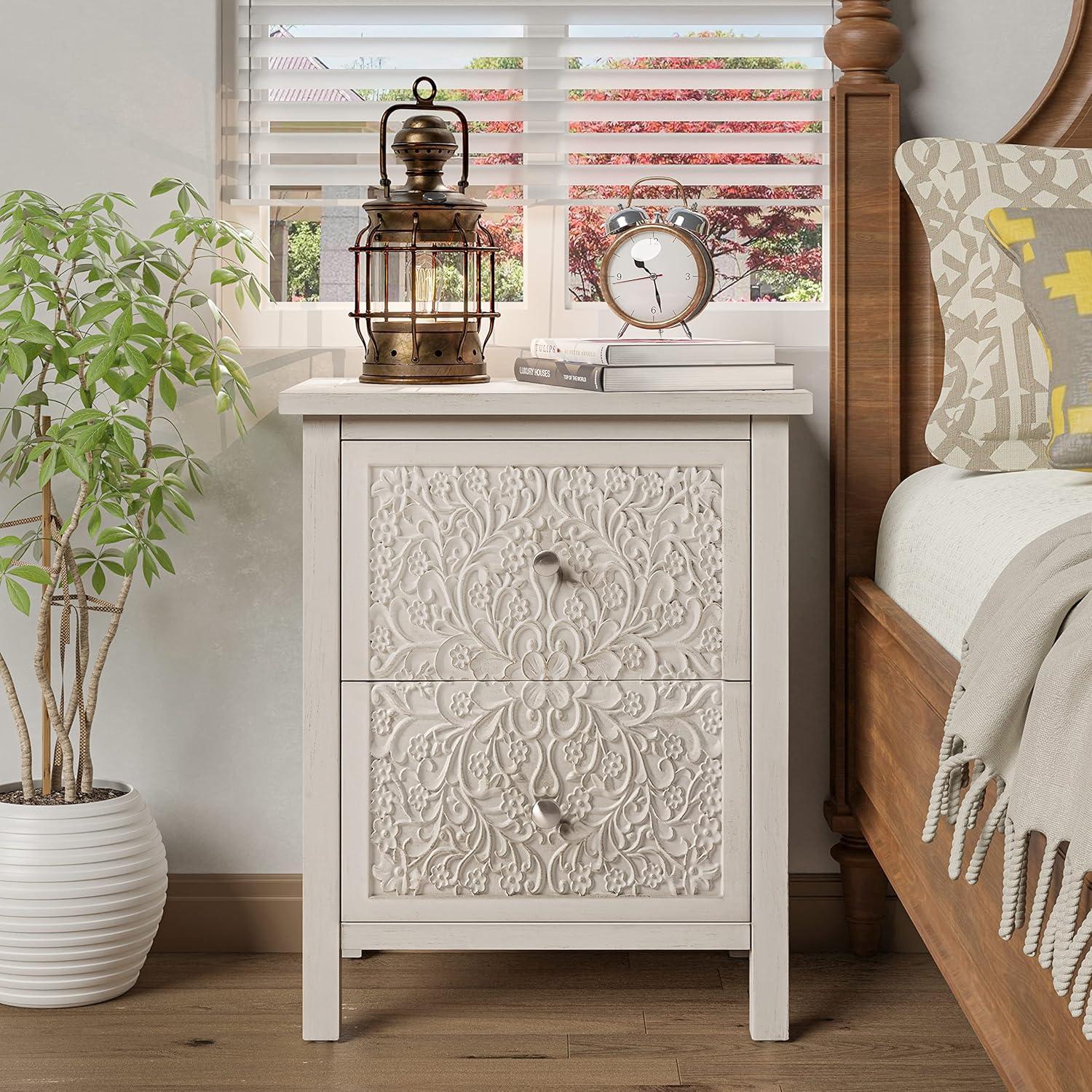 COZAYH Farmhouse Fully-Assembled Nightstand with 2-Drawer, Flower Motif End Table for Small Spaces, French Country, Modern, Distressed Finish, White-Washed