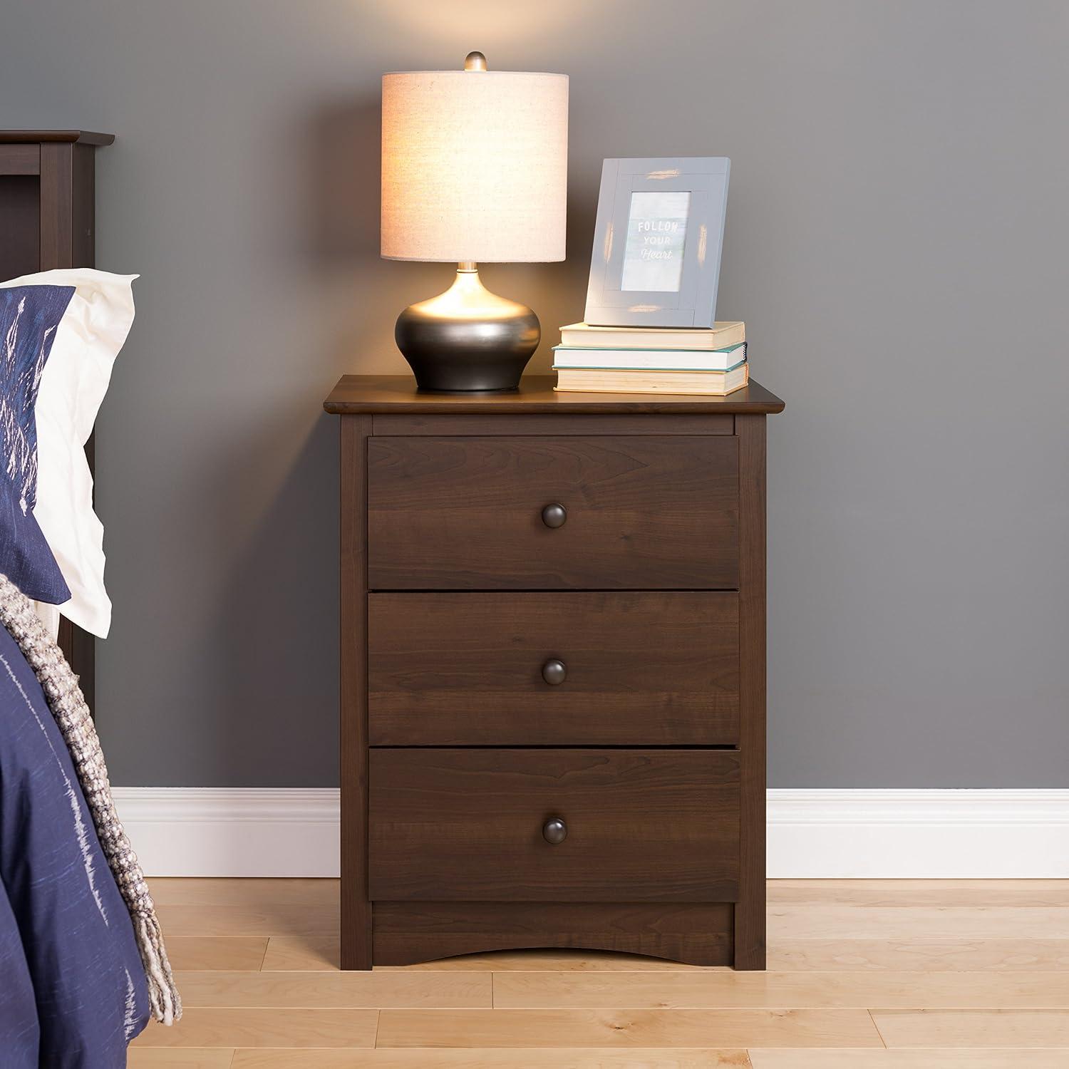 Espresso 3-Drawer Tall Nightstand with Metal Knobs