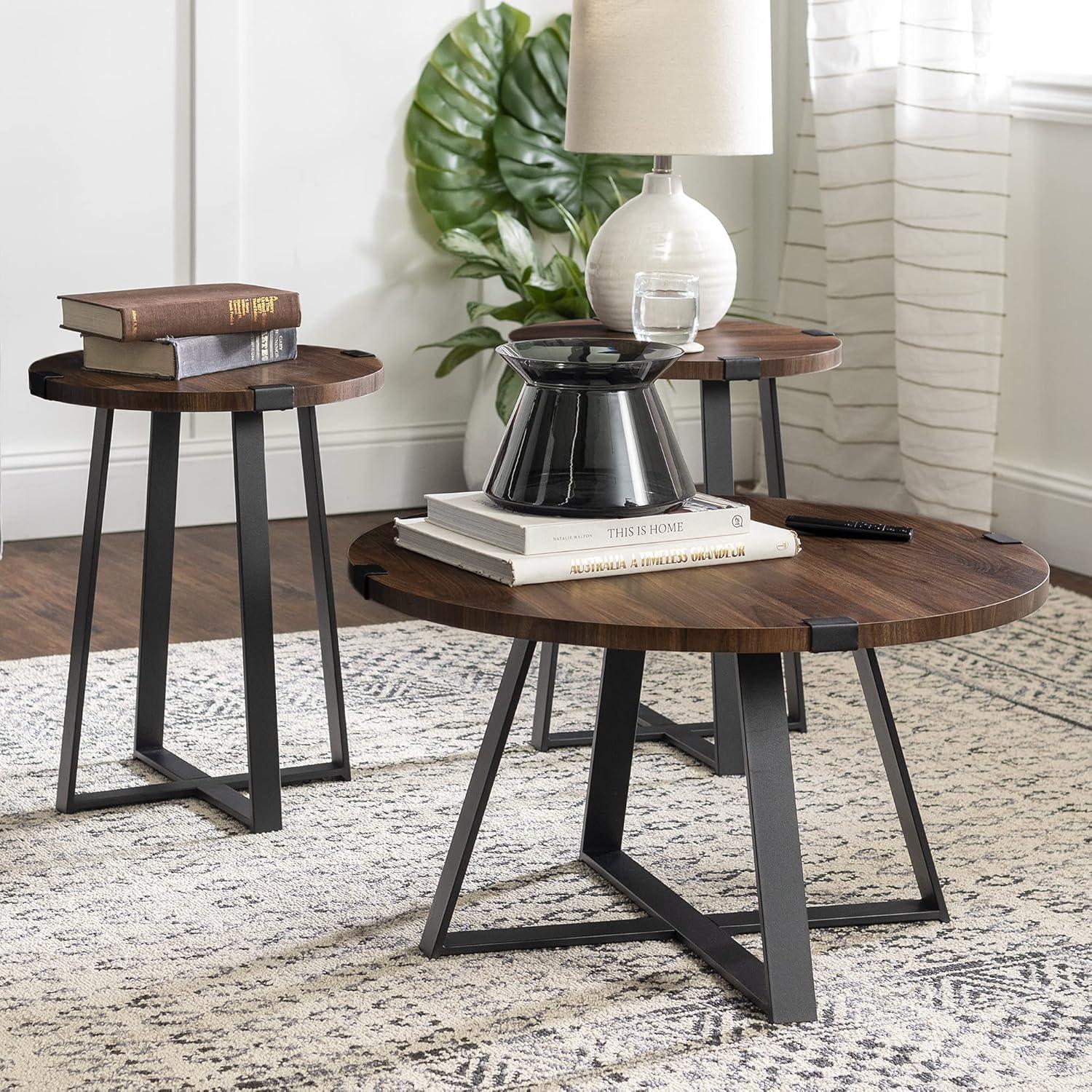 Walker Edison 3 Piece Industrial Wrap Leg Accent Table Set, Dark Walnut