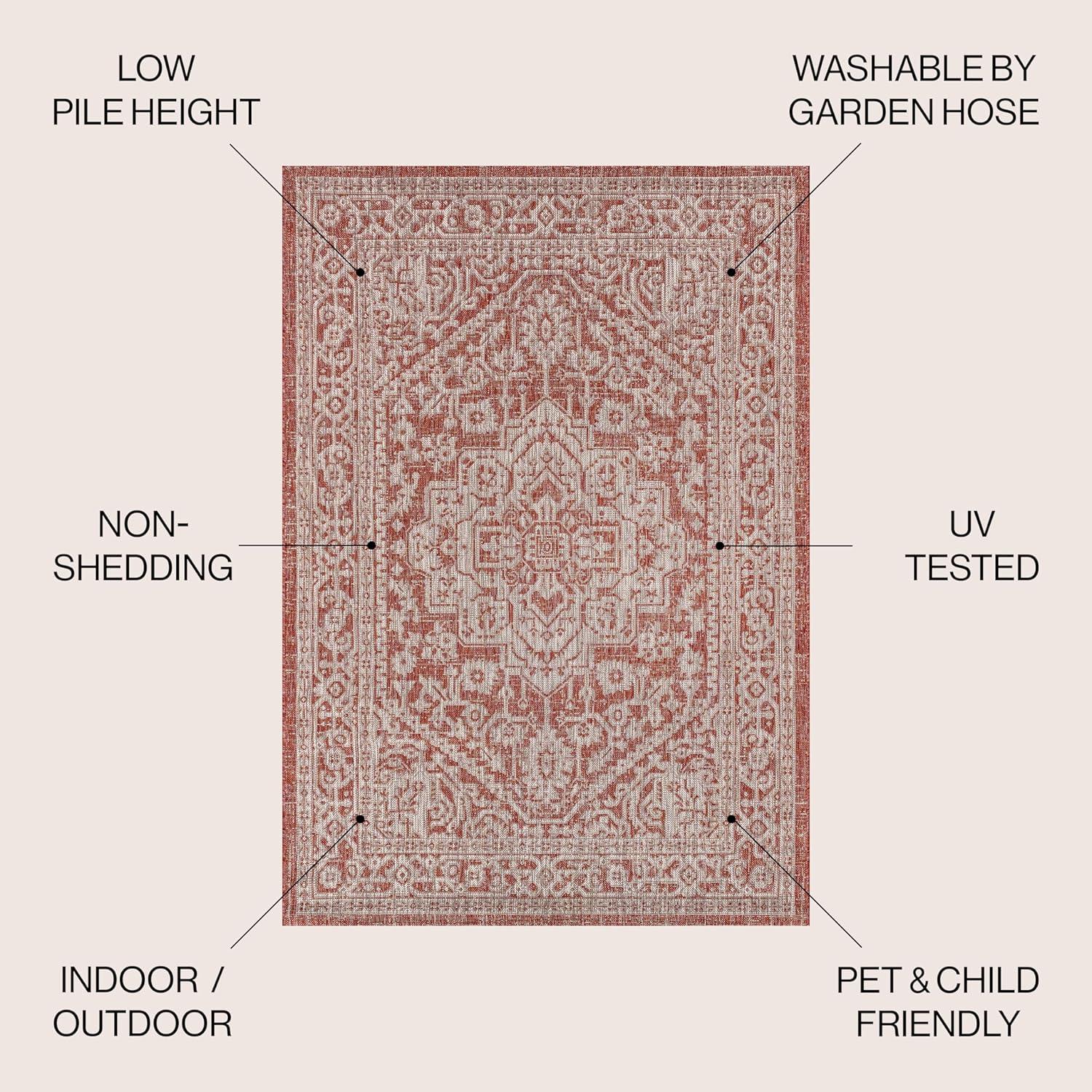 5' Square Sinjuri Medallion Textured Weave Indoor/Outdoor Area Rug, Red/Taupe - JONATHAN Y