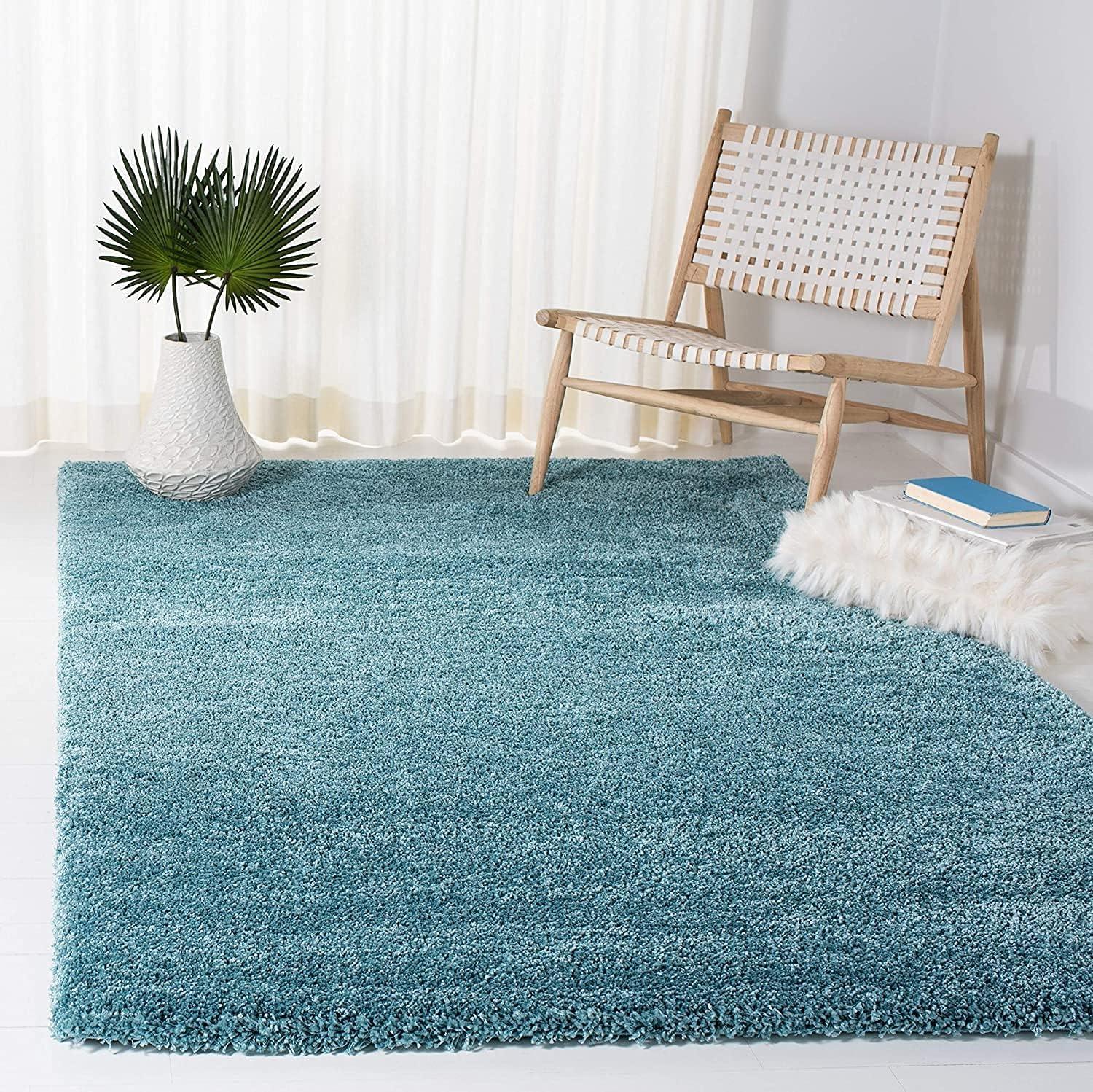 Ultra-Soft Aqua Blue Geometric 8' Square Shag Area Rug