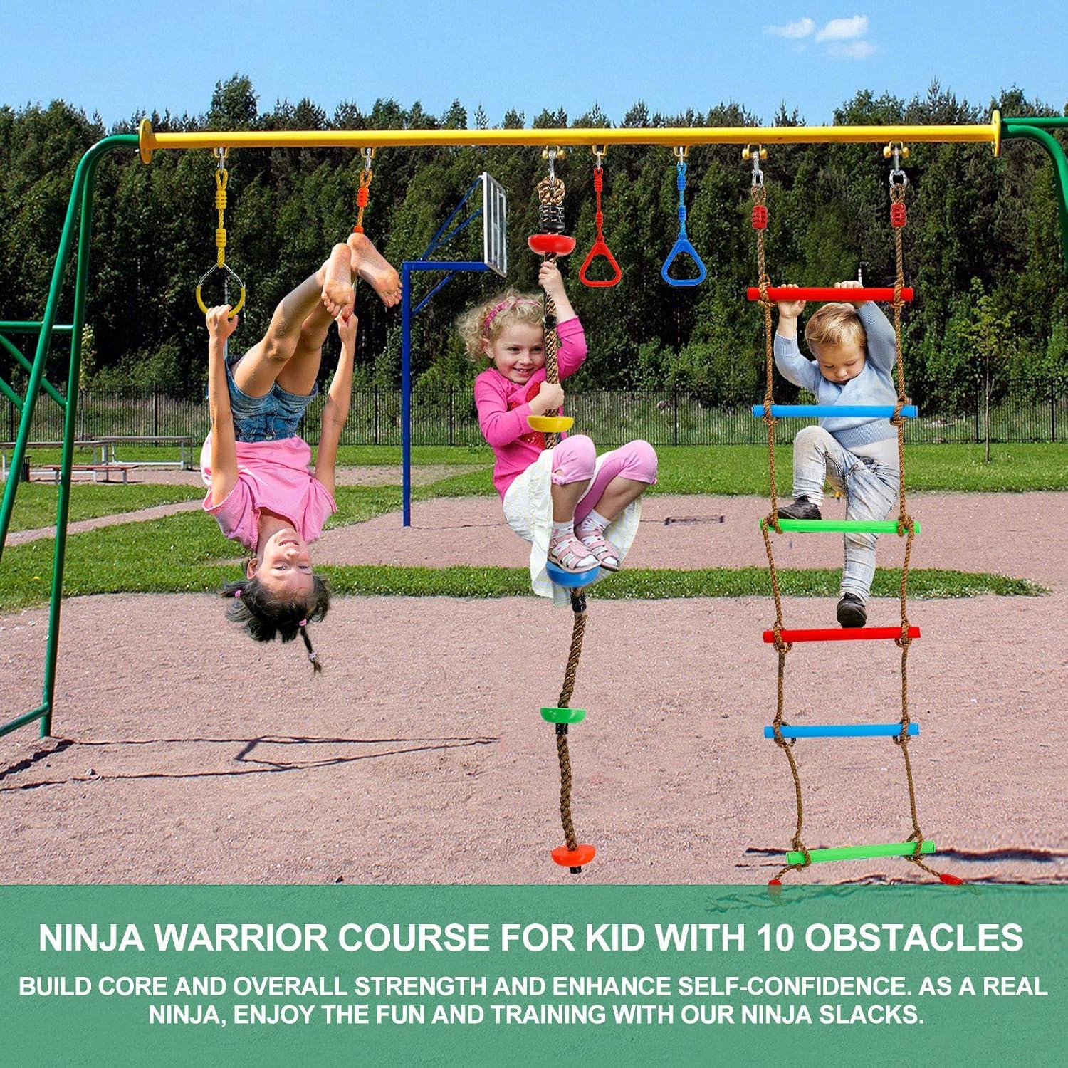 Ninja Warrior Obstacle Course Kit for Kids Ninja Slackline with 10 Accessories Monkey Bars, Ladder, Climbing Rope, Gym Rings, Swing, Monkey Fist for Backyard Training Equipment