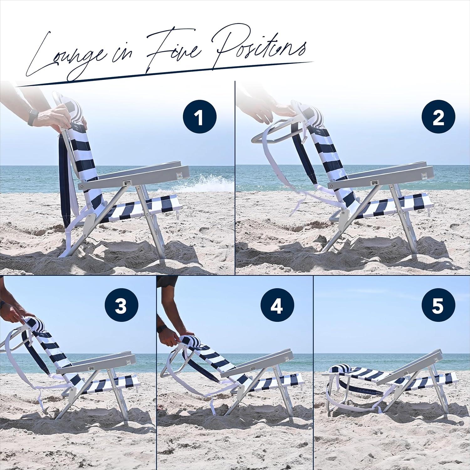 Navy and White Striped Aluminum Folding Beach Chair with Cushions