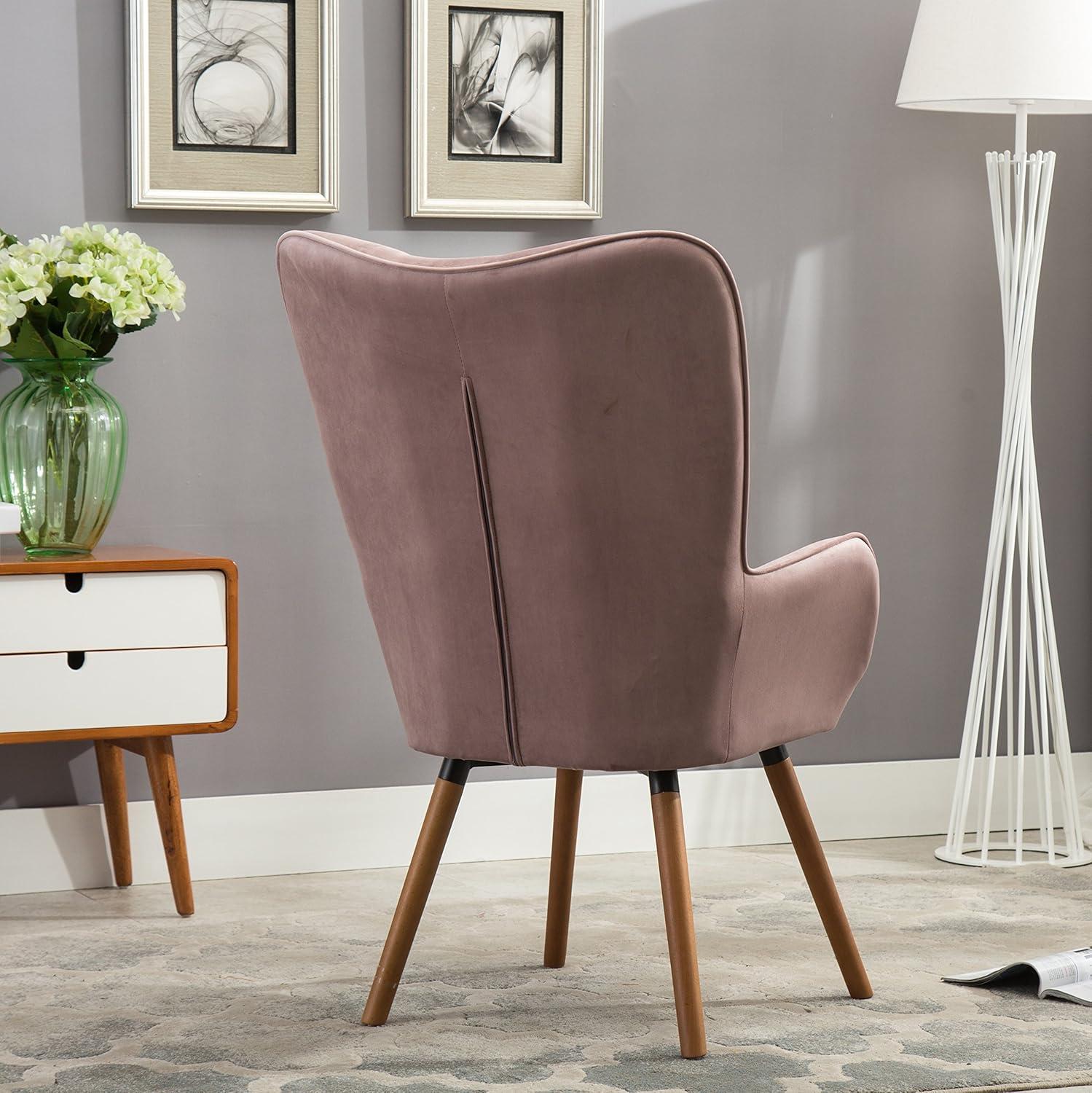 Elegant Brown Velvet Barrel Accent Chair with Wing Back and Oak Finish