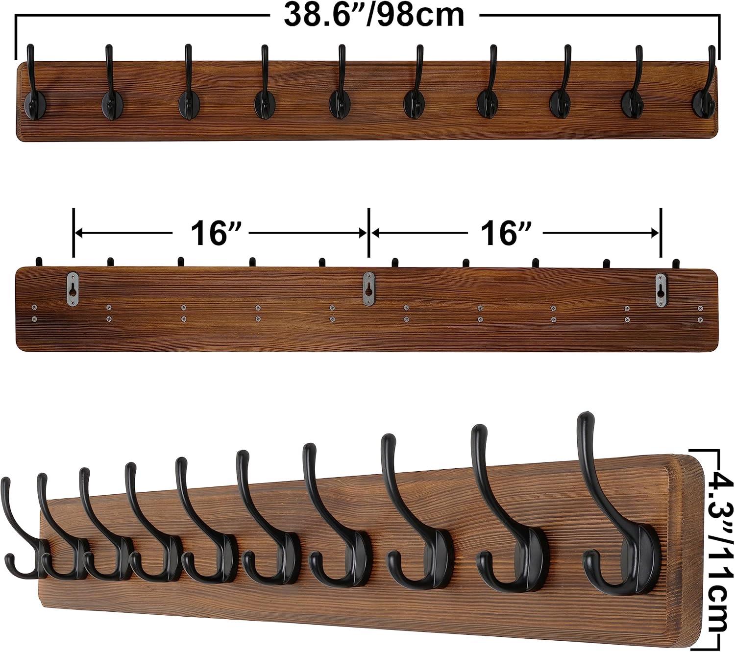 Rustic Pine Wood Wall Mounted Coat Rack with 10 Hooks