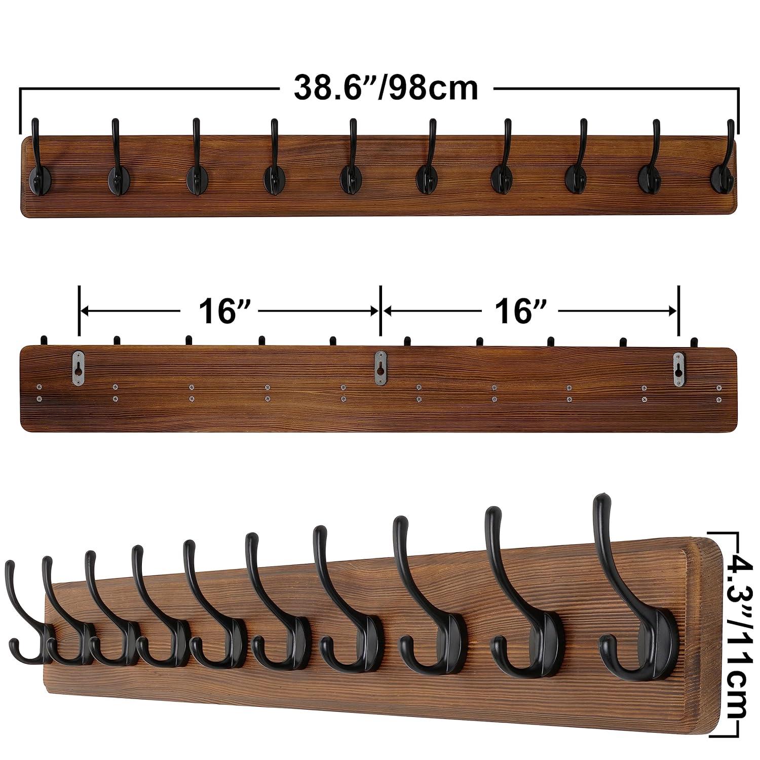 SKOLOO Rustic Wall Mounted Coat Rack, Case of 2, Pine Solid Wood Coat Hook Hanger - 10 Hooks for Hanging Clothes Robes Towels Coats