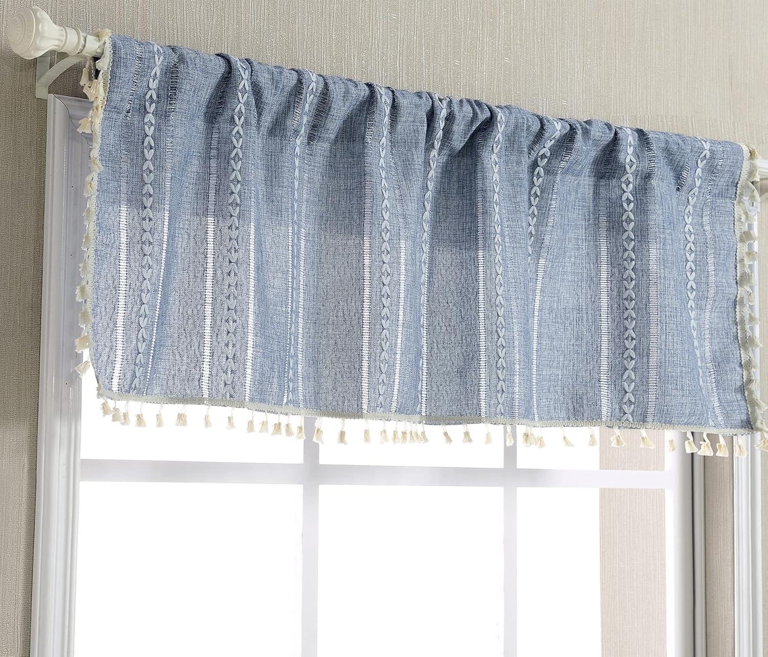 Blue Cotton Polyester Boho Tassel Rod Pocket Valance