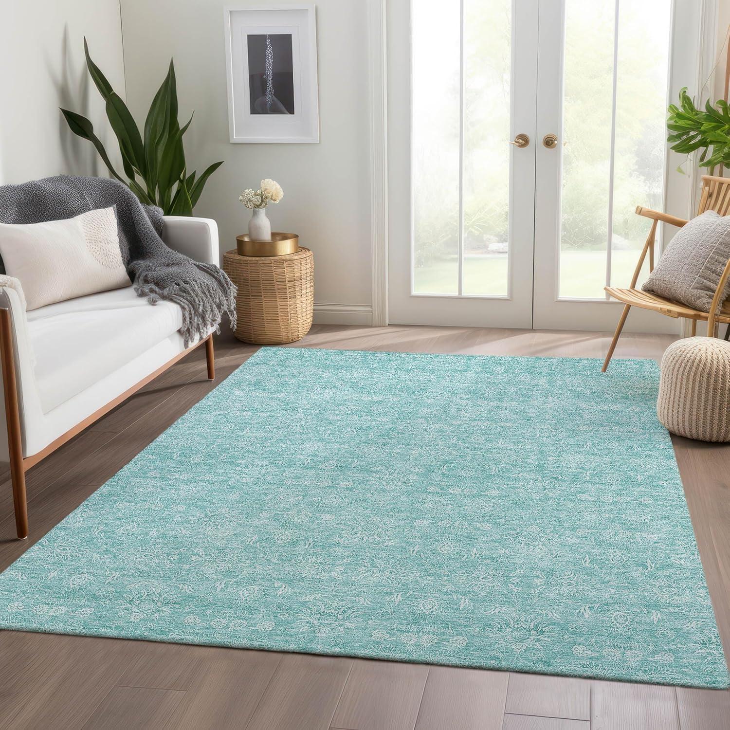 Addison Rugs Chantille Indoor/Outdoor Transitional Floral Aqua Washable Rectangle Rug, 8' x 10'