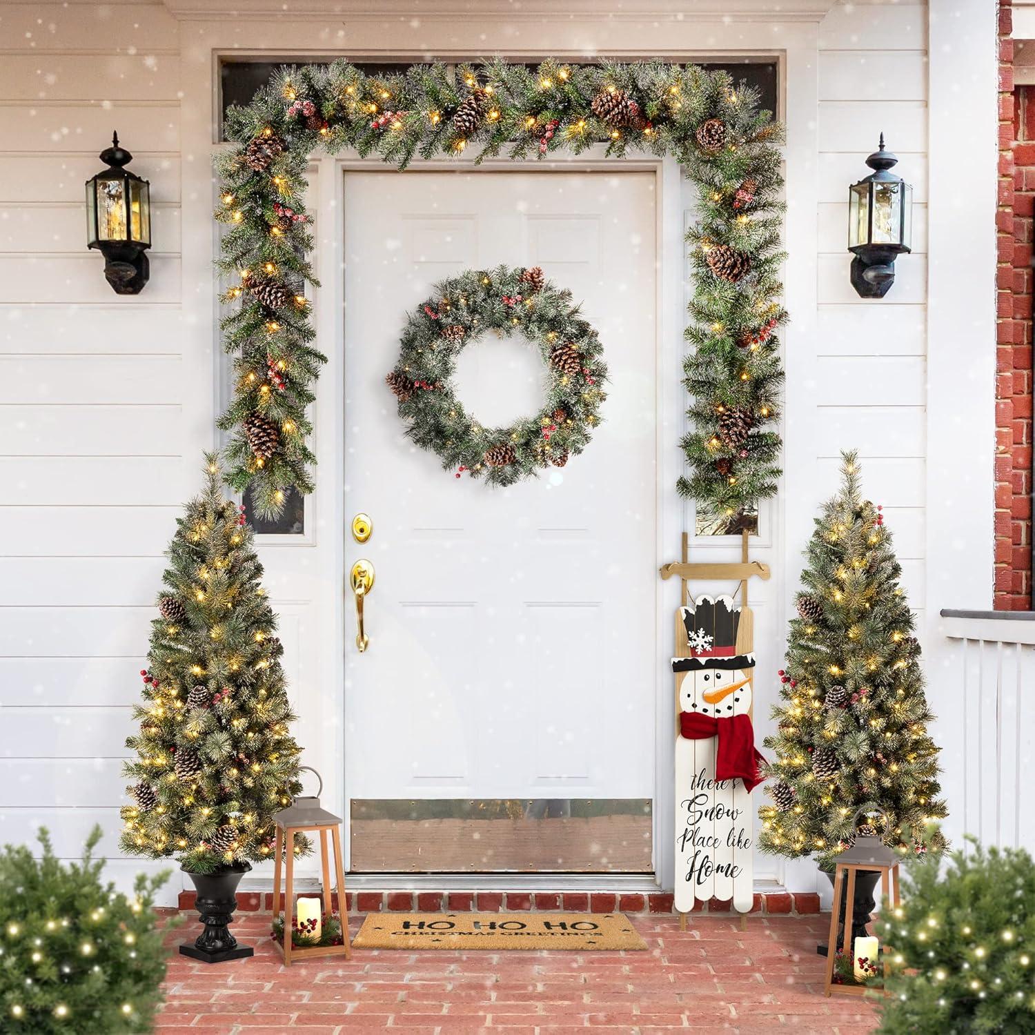Glitzhome Wooden Welcome Sign for Front Door Porch Farmhouse Christmas Wall Hanging Snowman Sign Primitive Porch Sign for Christmas Festivals, 42”H