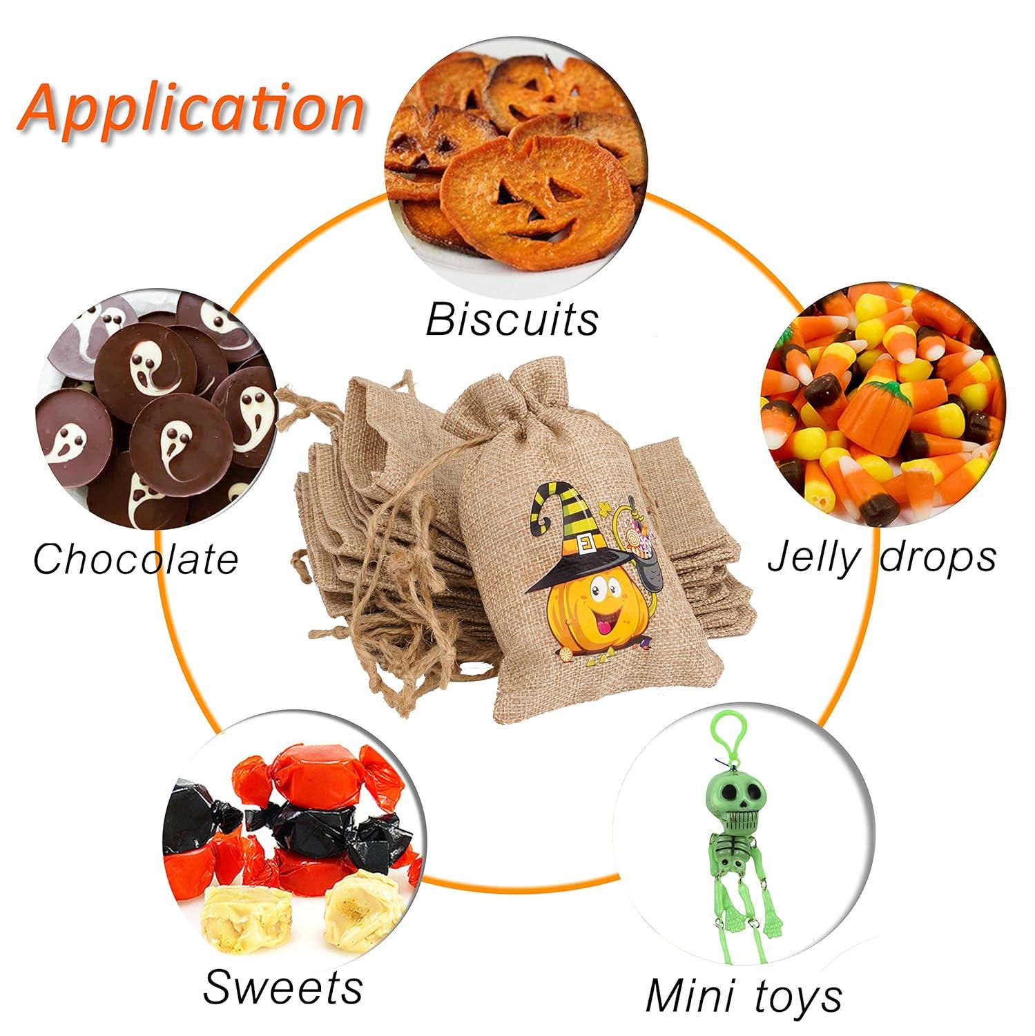 COEN 48 Halloween burlap gift bags with drawstrings, perfect for kids' Halloween party favors and treats.