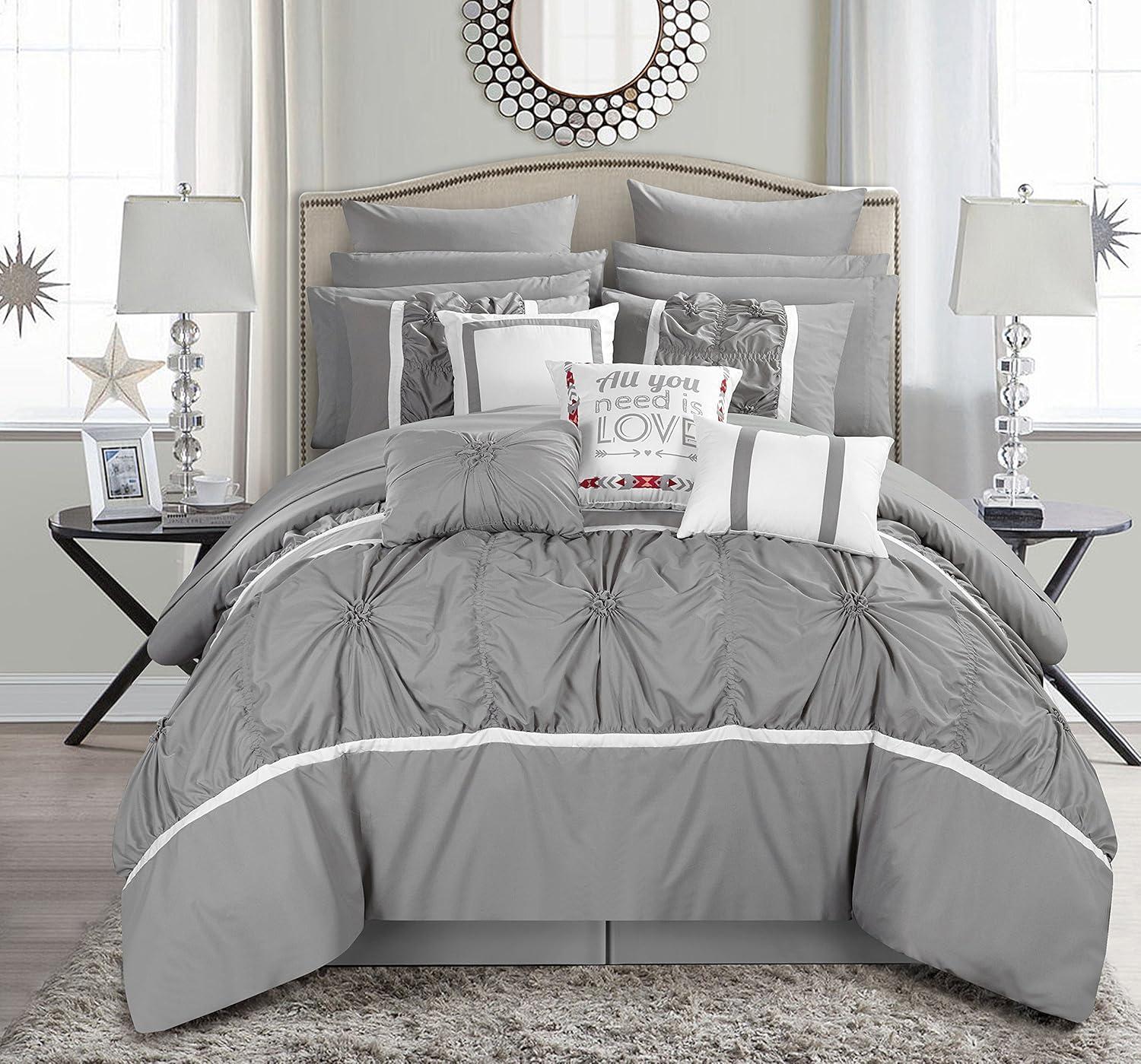 Ash Floral Pinch Pleat Ruffled King Comforter Set