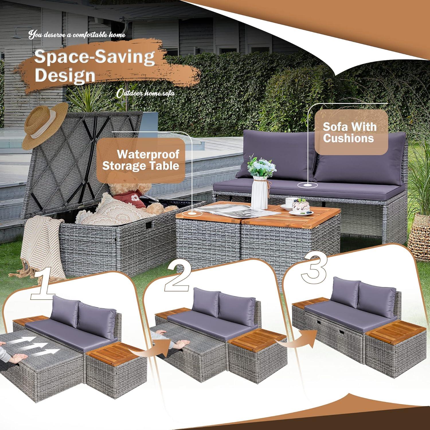 Devoko Patio Day Bed with 2 Side Tables Outdoor Daybed Set MultifunctionalRattan Lounge Bed for Backyard Porch Poolside Lawn Beach (Gray)
