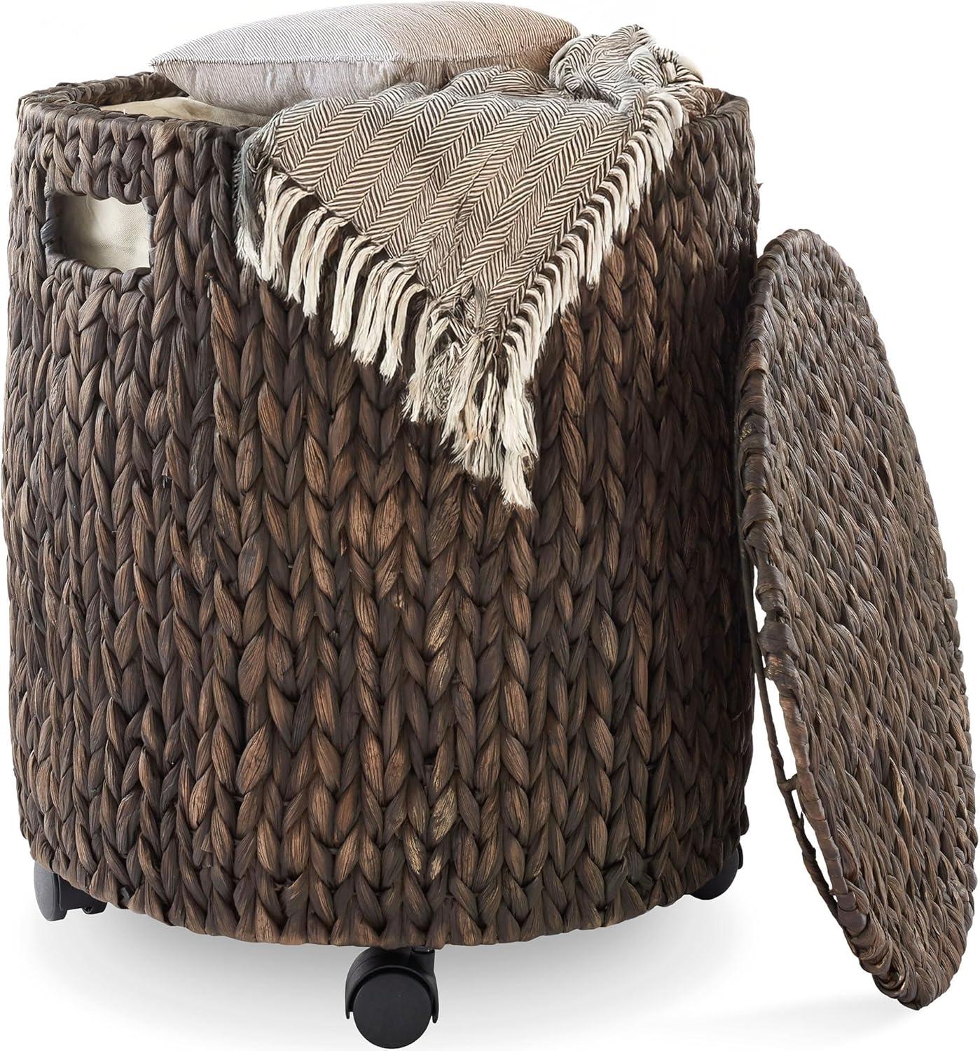 Casafield Rolling Storage Basket - Espresso, Handwoven Hyacinth Rolling Hamper with Lid, Storage Bin on Wheels for Living Room, Bathroom, Laundry