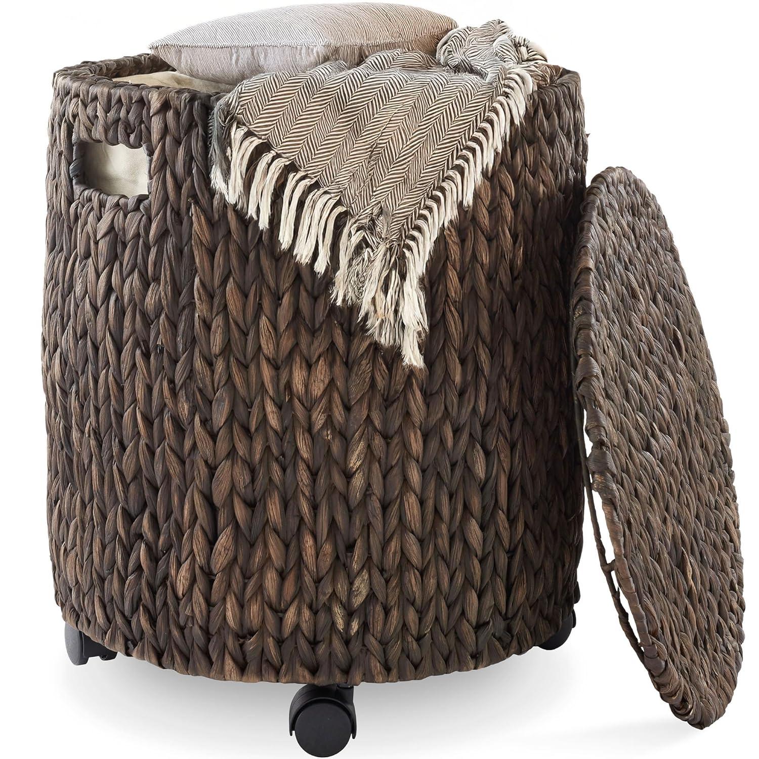 Casafield Rolling Storage Basket - Espresso, Handwoven Hyacinth Rolling Hamper with Lid, Storage Bin on Wheels for Living Room, Bathroom, Laundry