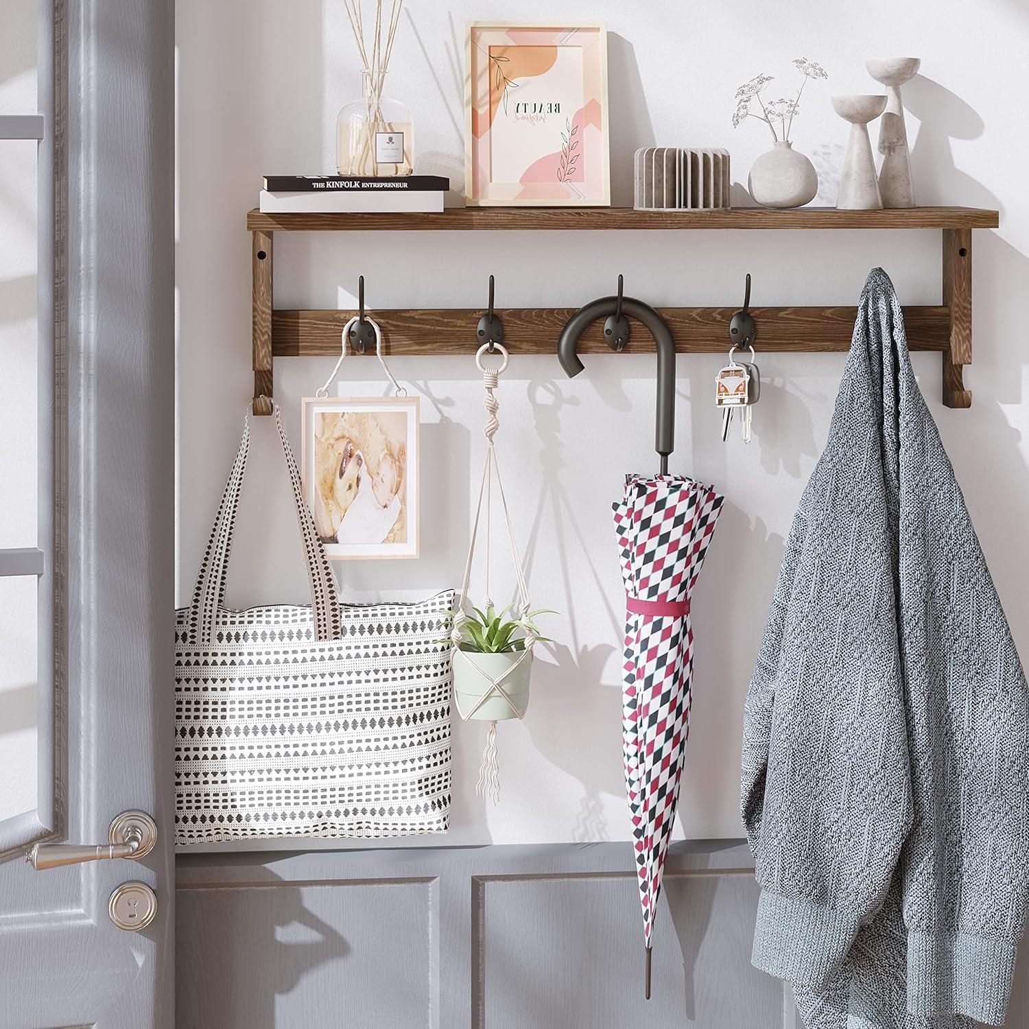 AMBIRD 28.9 Inch Length Shelf with Hooks Entryway Coat Rack Wall Mount Wood Coat Hooks with Shelf Wall-Mounted Coat Hook Rack with 5 Dual Hooks for Bathroom, Living Room, Bedroom (Brown)