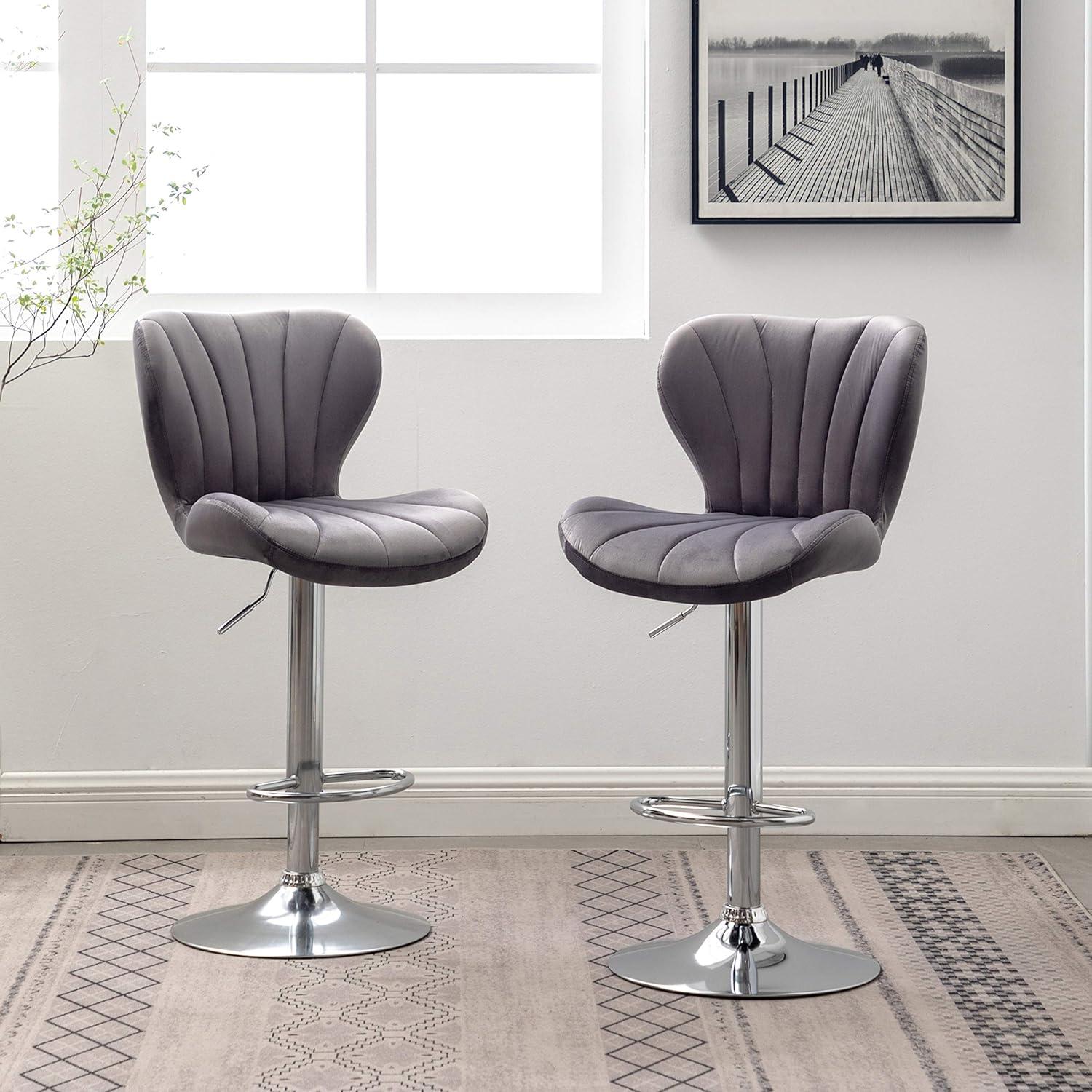 Gray Velvet Adjustable Swivel Barstools with Chrome Base, Set of 2