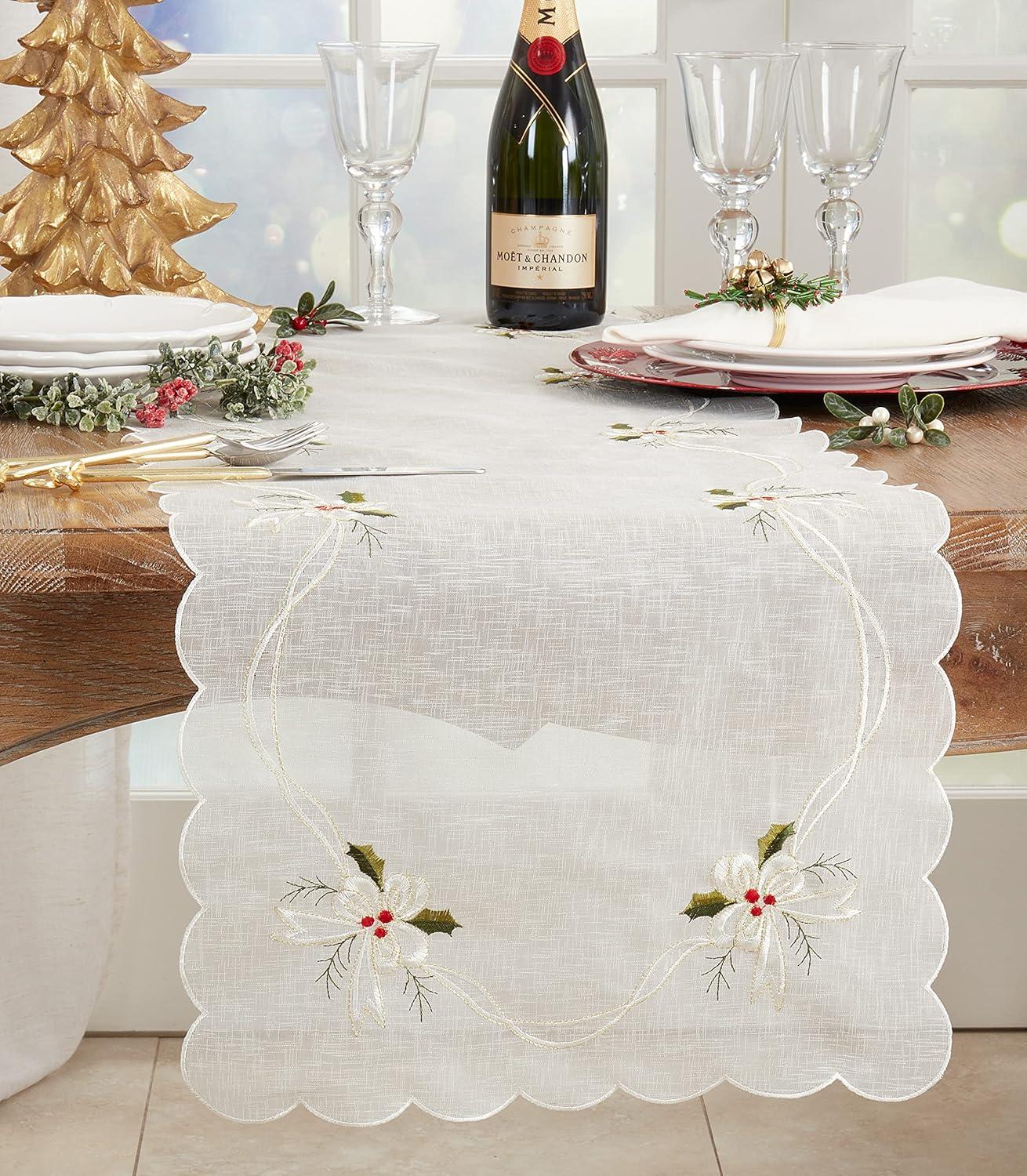 Saro Lifestyle Table Runner With Embroidered Holly and Ribbon Design