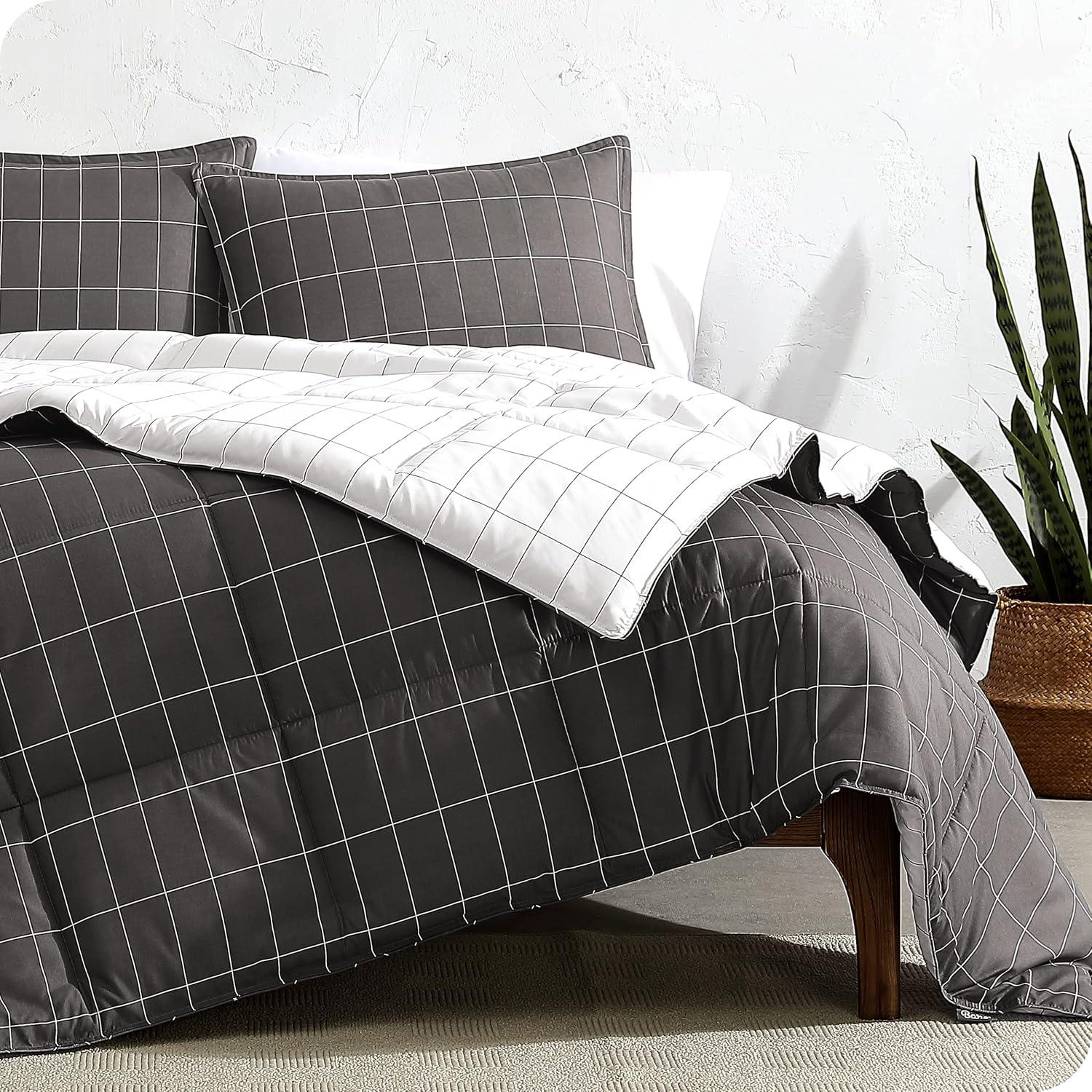 Queen Grey and White Grid Microfiber Bed in a Bag Set