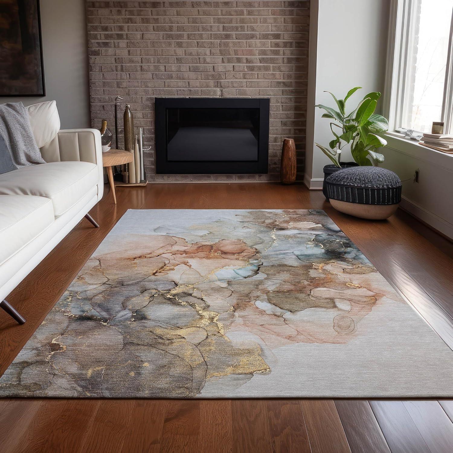 Beige and Brown Watercolor Synthetic Washable Rug