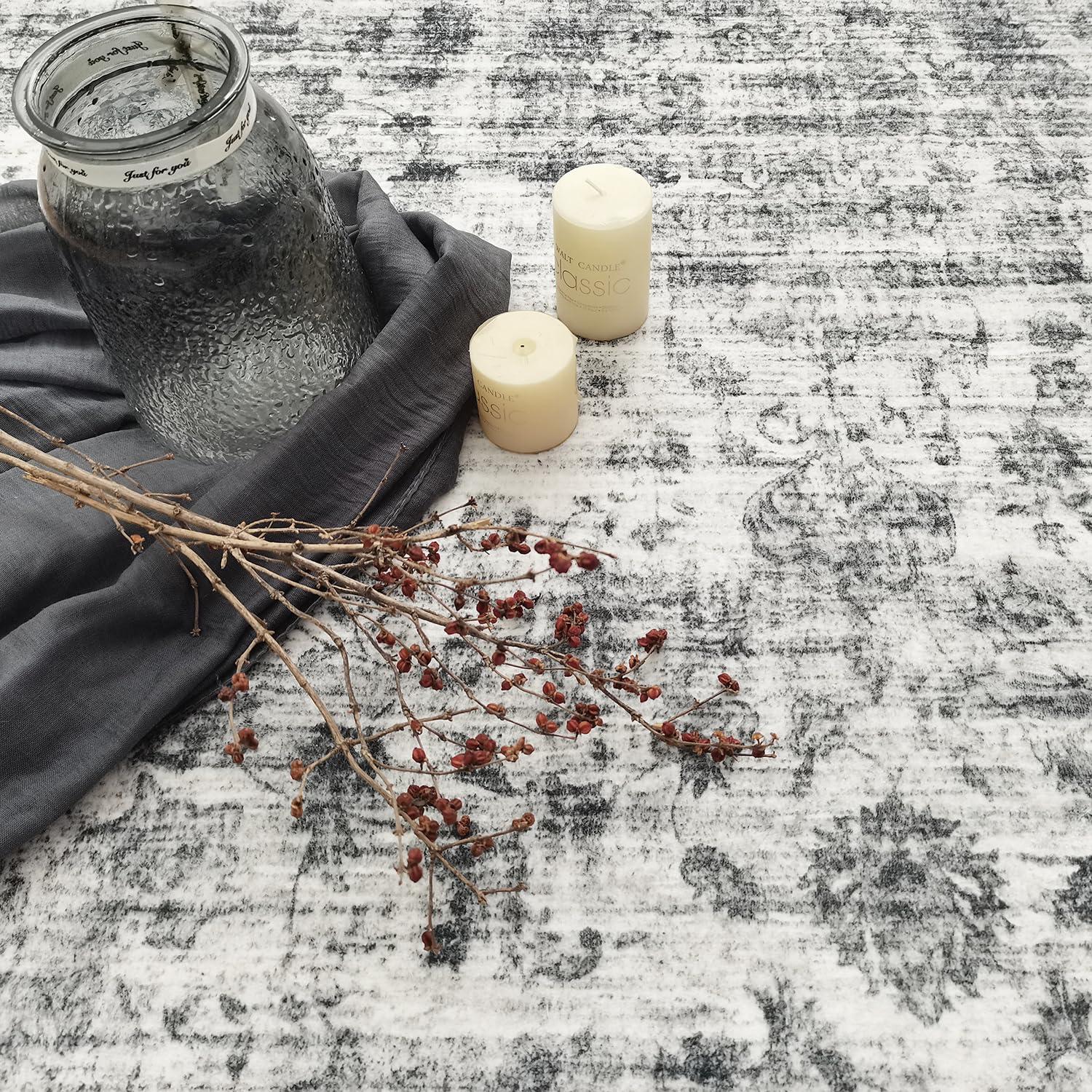 METSAVAIM 4x6 Rug | Vintage Distressed Traditional Area Rug for Living Room & Bedroom - Ultra Soft, Non-Slip Backing & Machine Washable Rug, Ideal for Indoor & Outdoor Use – White Cream & Gray