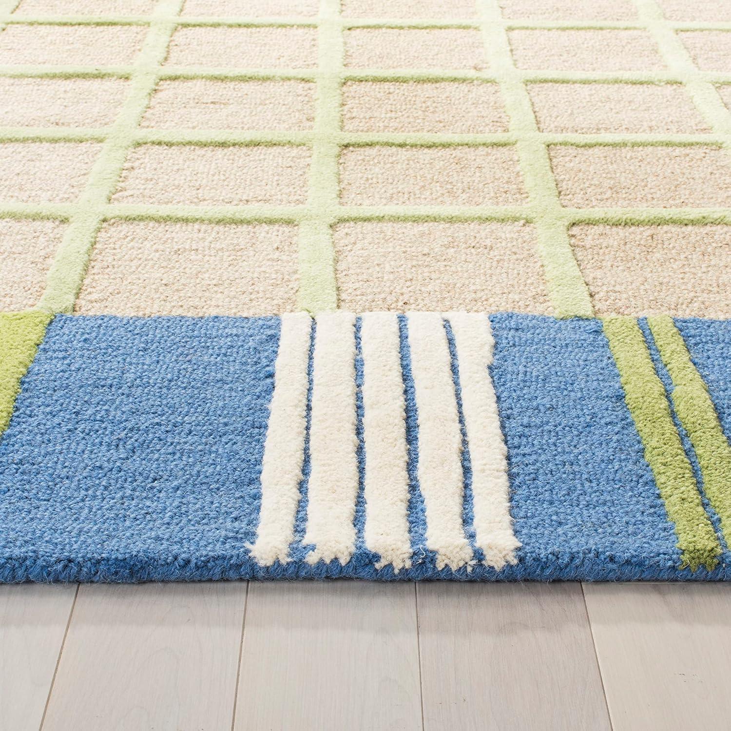 SAFAVIEH Kids Riley Geometric Bordered Cotton Area Rug, Taupe/Blue, 4' x 6'