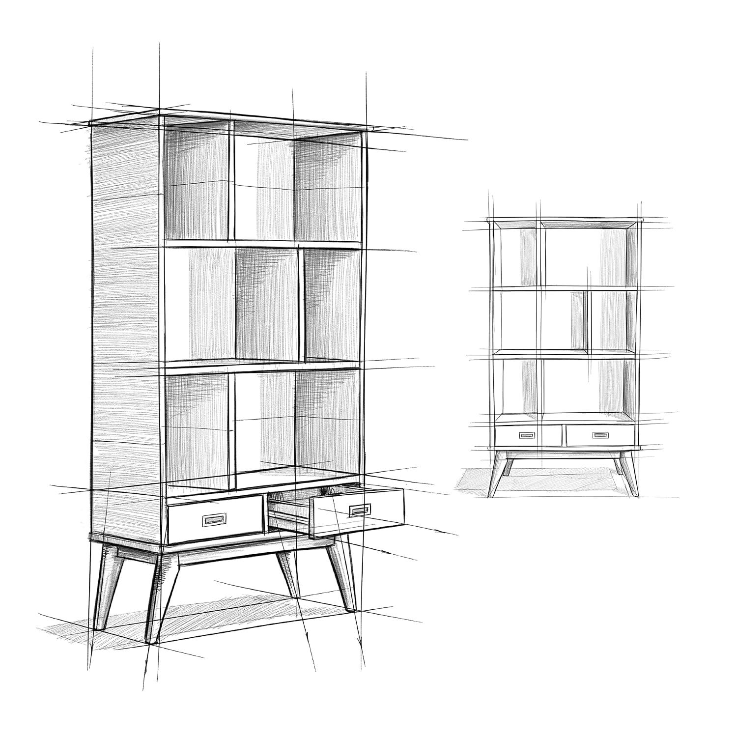 Simpli Home Draper 35"W Solid Hardwood 6 Shelf Compartment Mid-Century Modern Wide Bookcase with 2 Drawers