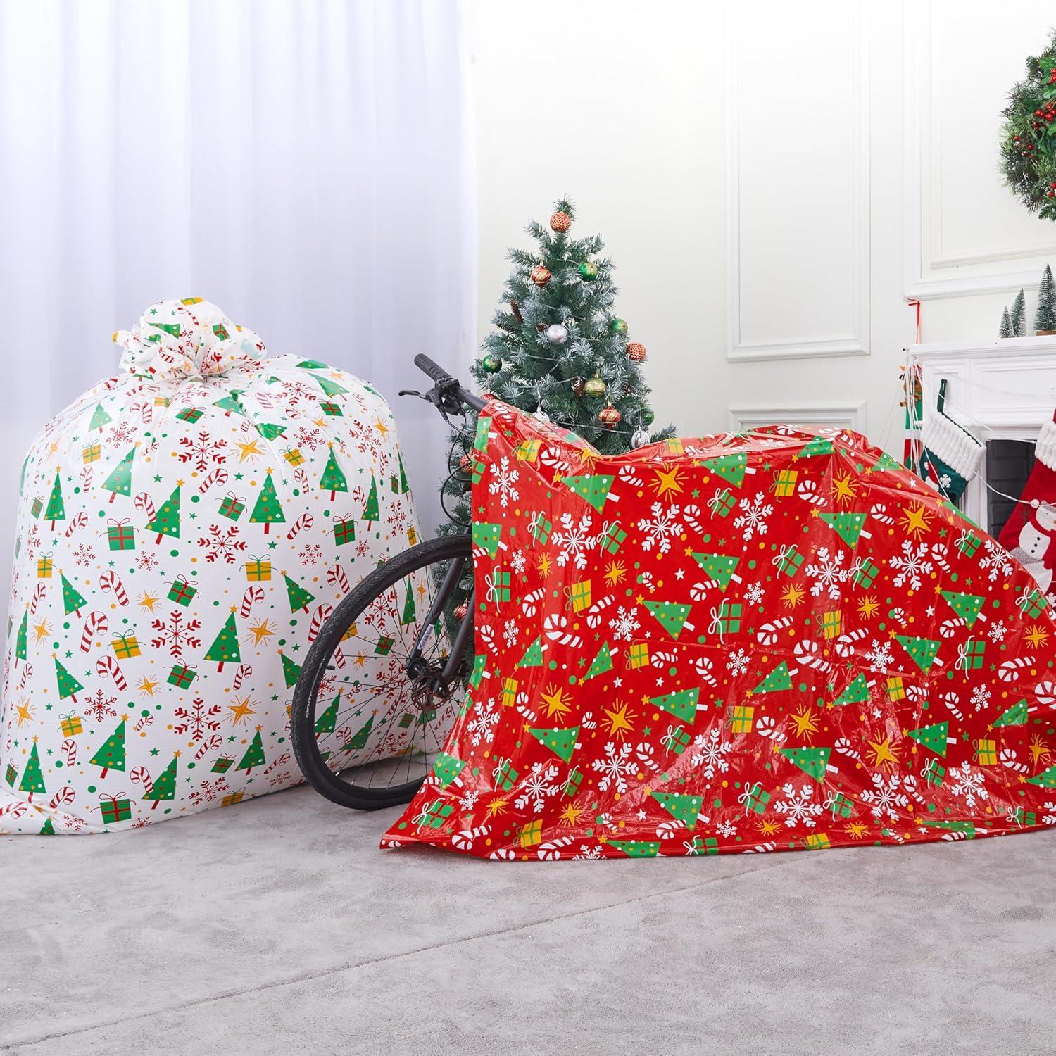 JOYFY 2 PCS Jumbo Christmas Bike Bags with Gift Tags - 72” x 60” Bags for Xmas Gift - Red + White