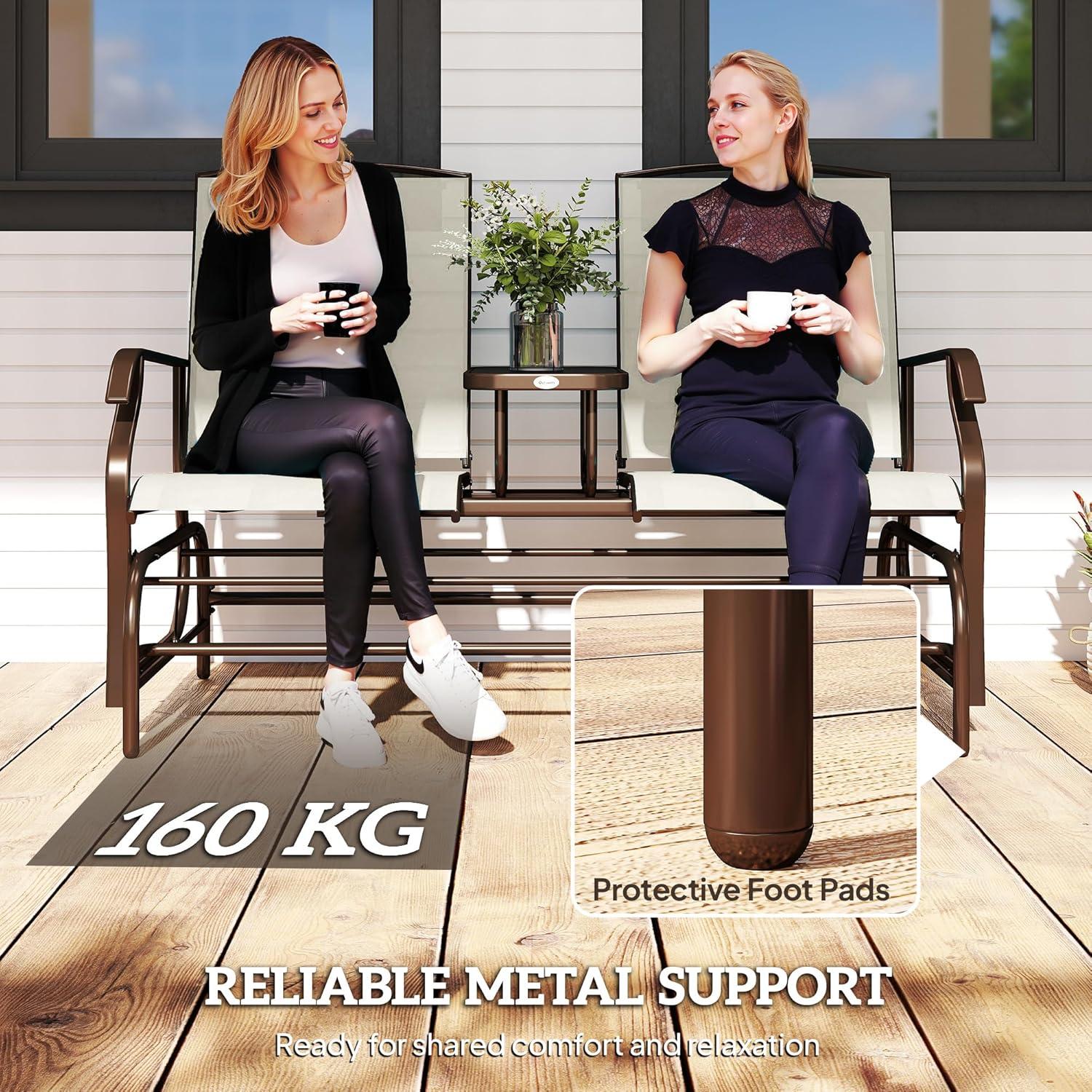 YYAo Outdoor Swing Rocker Glider Chair, Rocking Lounge Chair,Outdoor Glider Bench with Center Table,Patio Loveseat with Armrests, Beige