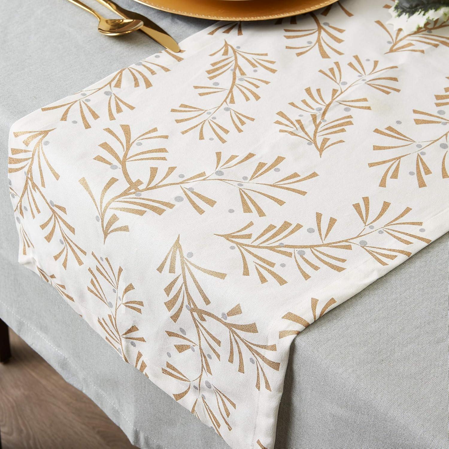 DII 14x108" Modern Cotton Metallic Holly Leaves Table Runner in Gold