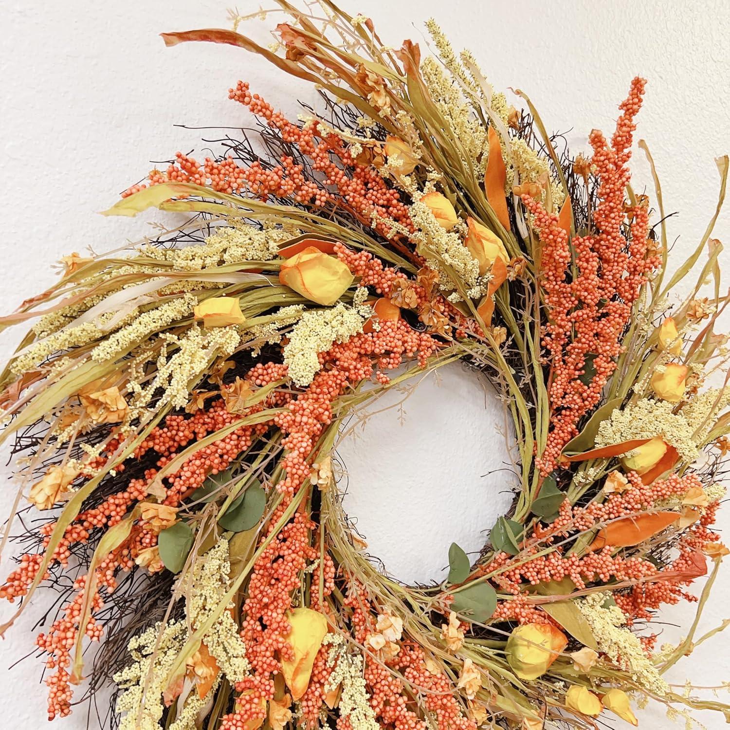 24 inch Fall Wreath Front Door Wreath Grain Wreath Harvest Gold Wheat Ears Garland Farmhouse Autumn Straw Wreath for Front Door Wedding Wall Home Thanksgiving Decor