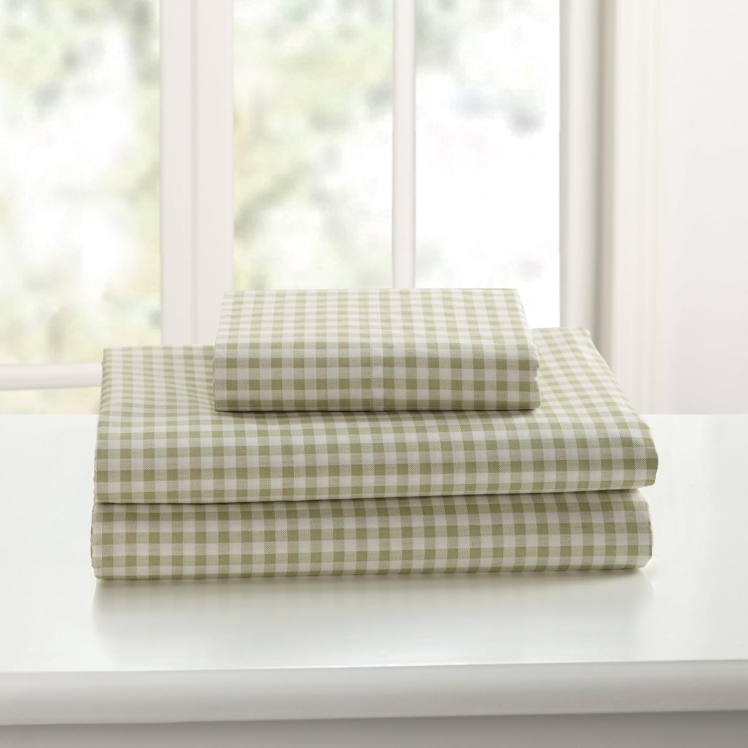 Twin Green Gingham Cotton Percale Sheet Set