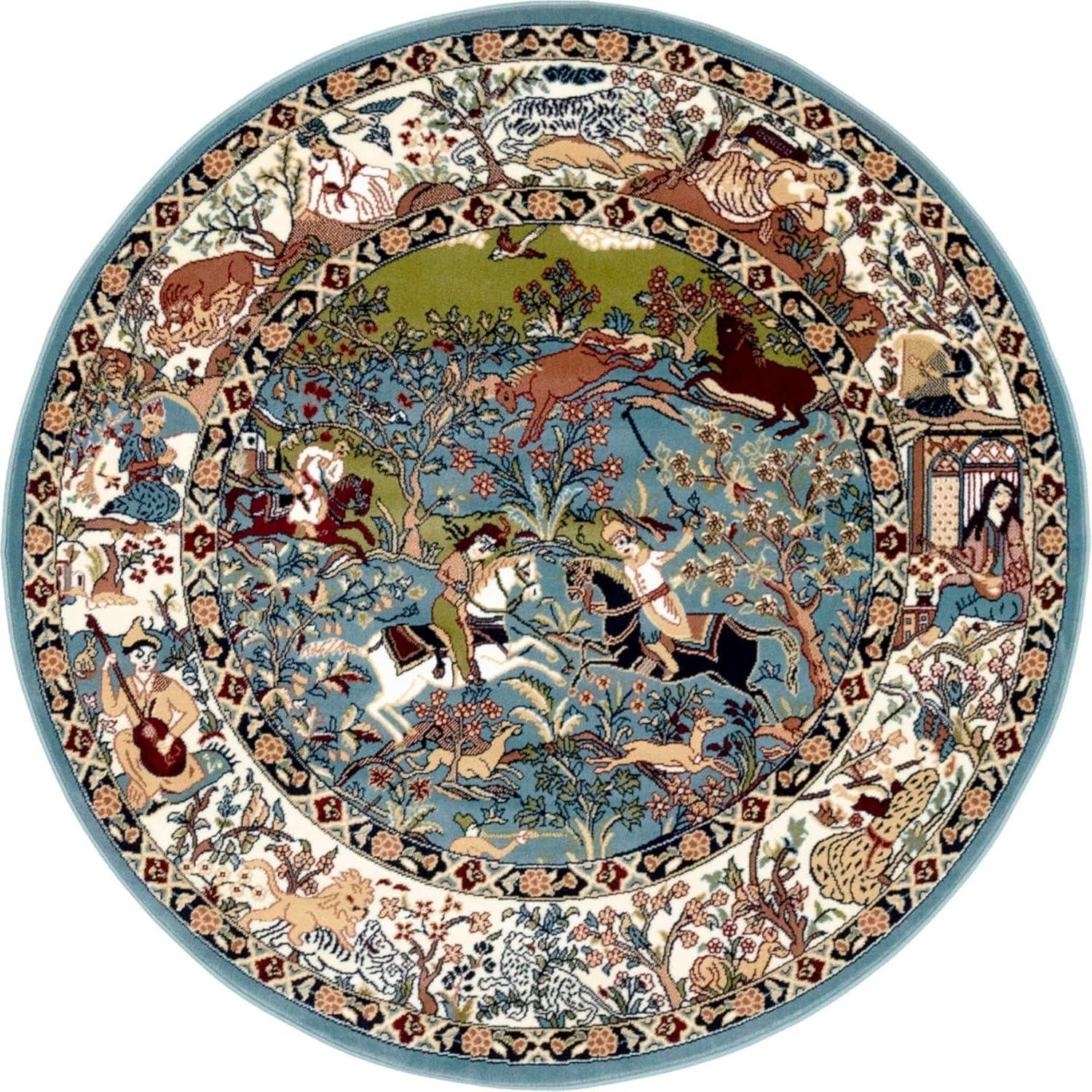 Elegant Blue Floral Round Synthetic Indoor Rug - 5' Diameter