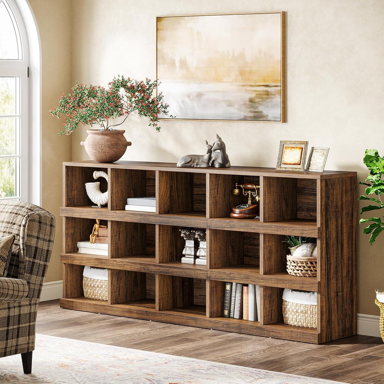 Tribesigns 63-Inch 15-Cube Farmhouse Console Table for Entryway, Brown