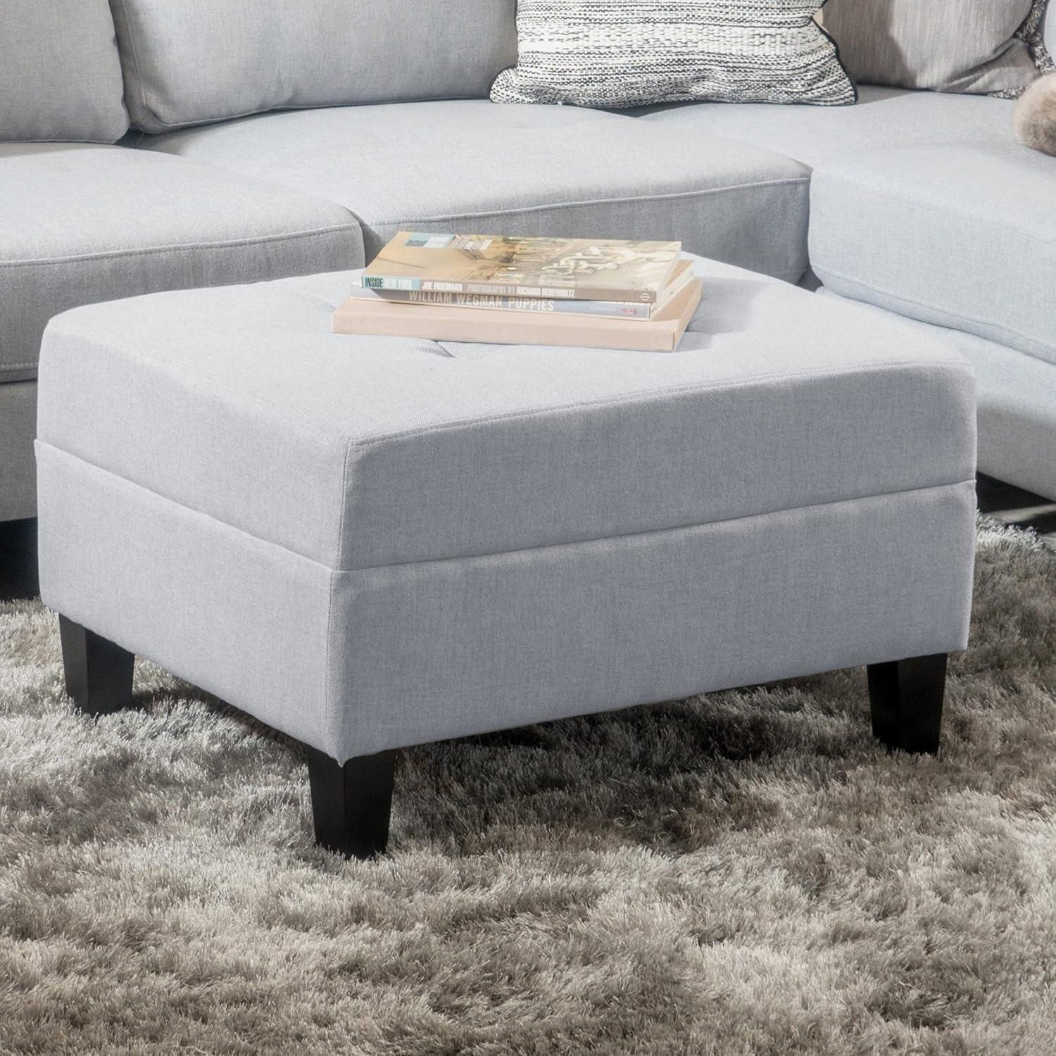 Bridger Mid-Century Tufted Light Grey Ottoman with Birch Wood Legs