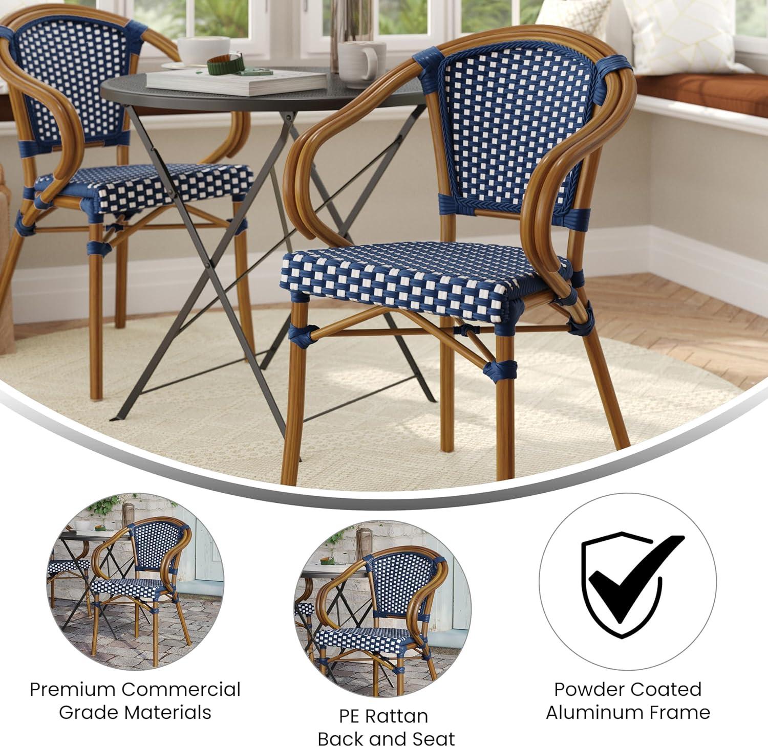 Emma & Oliver Soie Indoor/Outdoor Stacking Thonet Bistro Style Chair with Arms, Black & White PE Rattan Seat and Natural Bamboo Finished Metal Frame